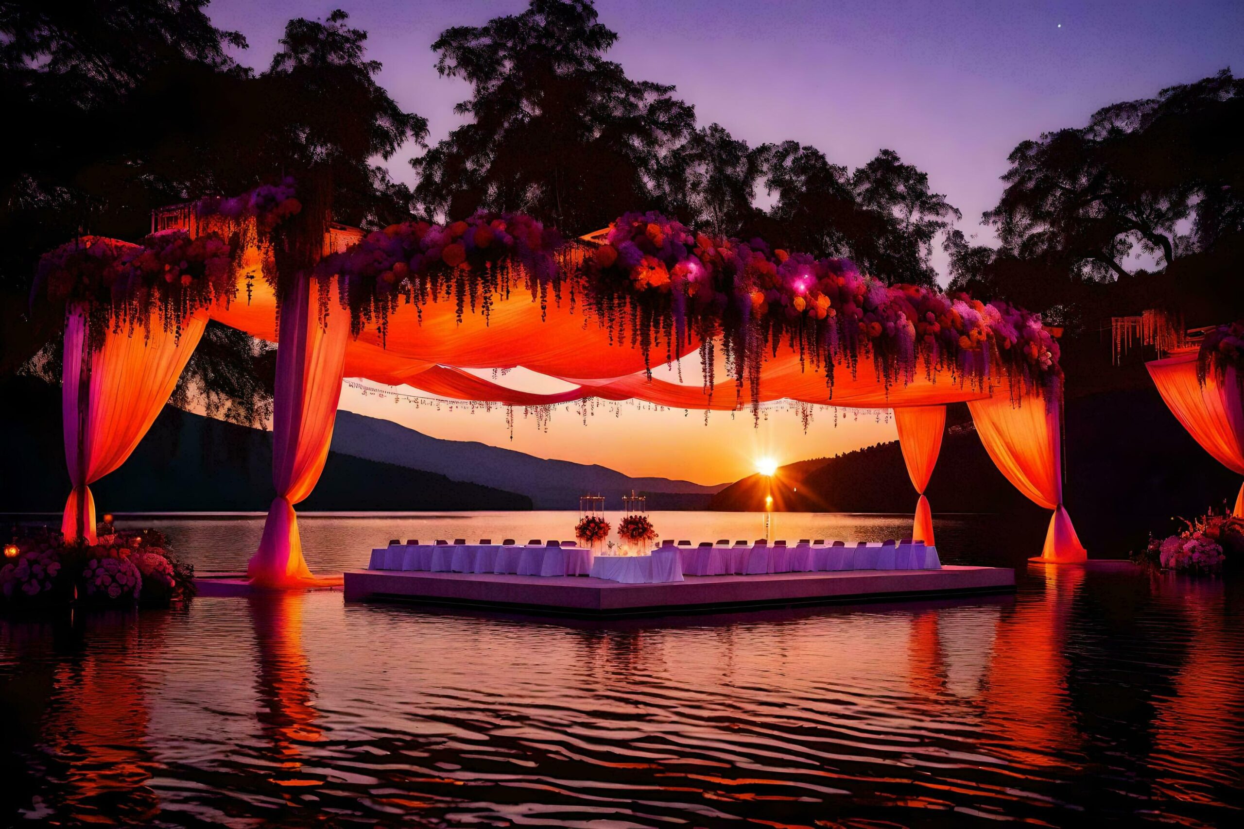 a wedding ceremony on the water at sunset Free Photo