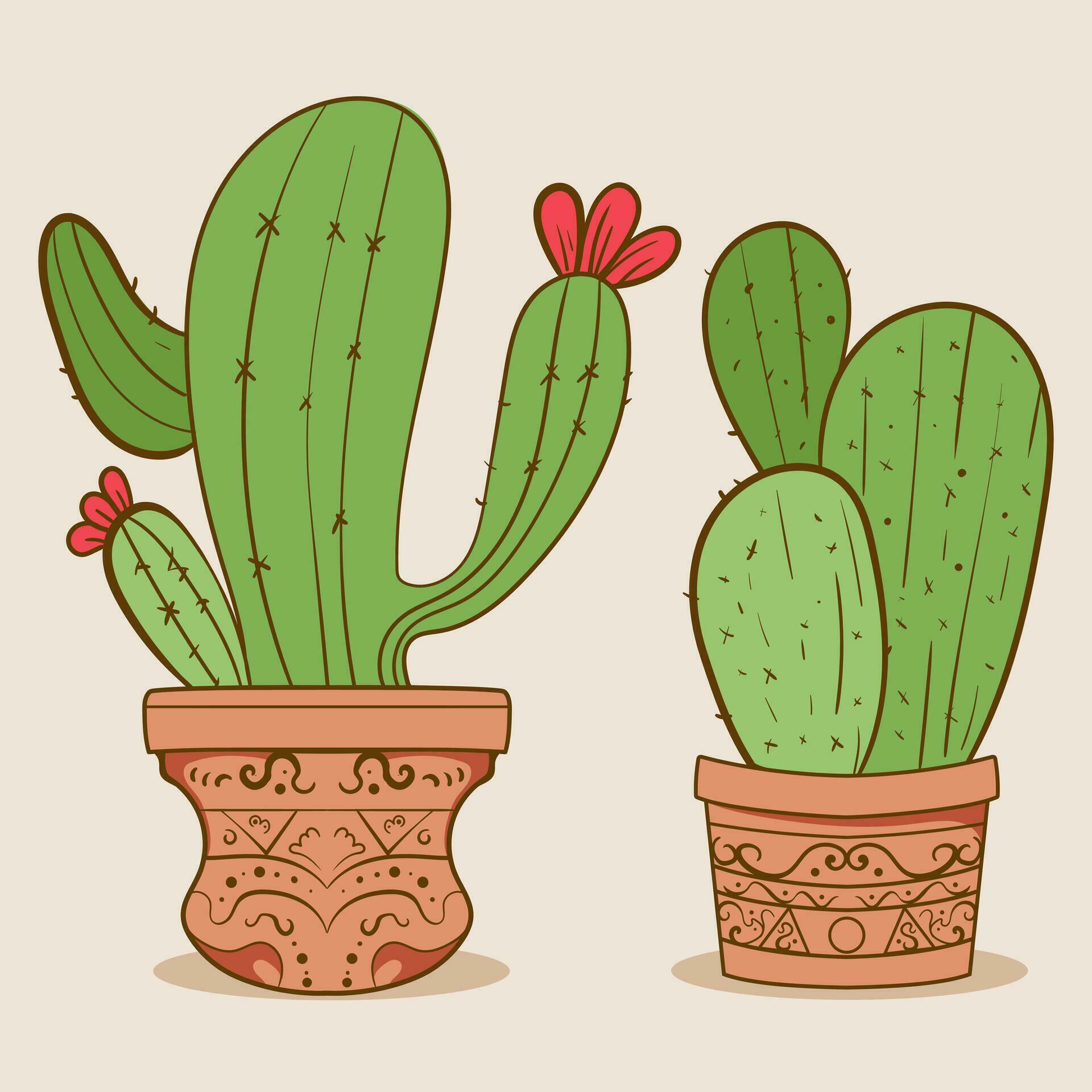 Plant room green cactus. Cute green cactus in flower pots Flat, cartoon style. Vector illustration white background. Element design. Stock Free