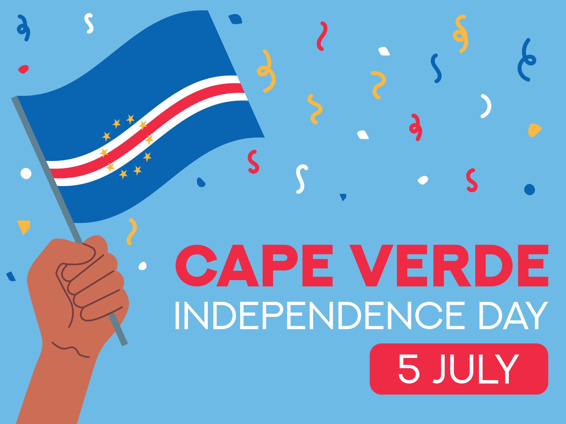 Cape Verde independence day 5 July. Cape Verde flag in hand. Greeting card, poster, banner template Free Vector