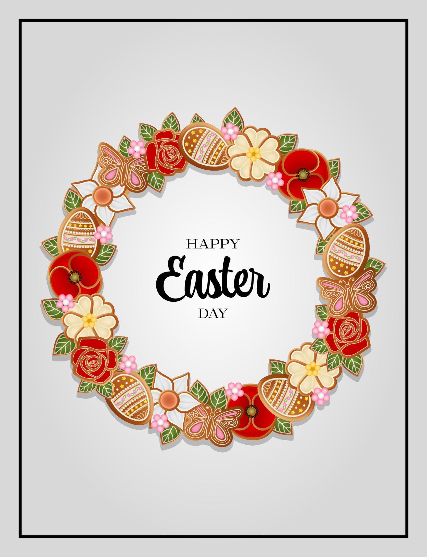 easter card with gingerbread cookies. easter background with flowers and eggs Stock Free