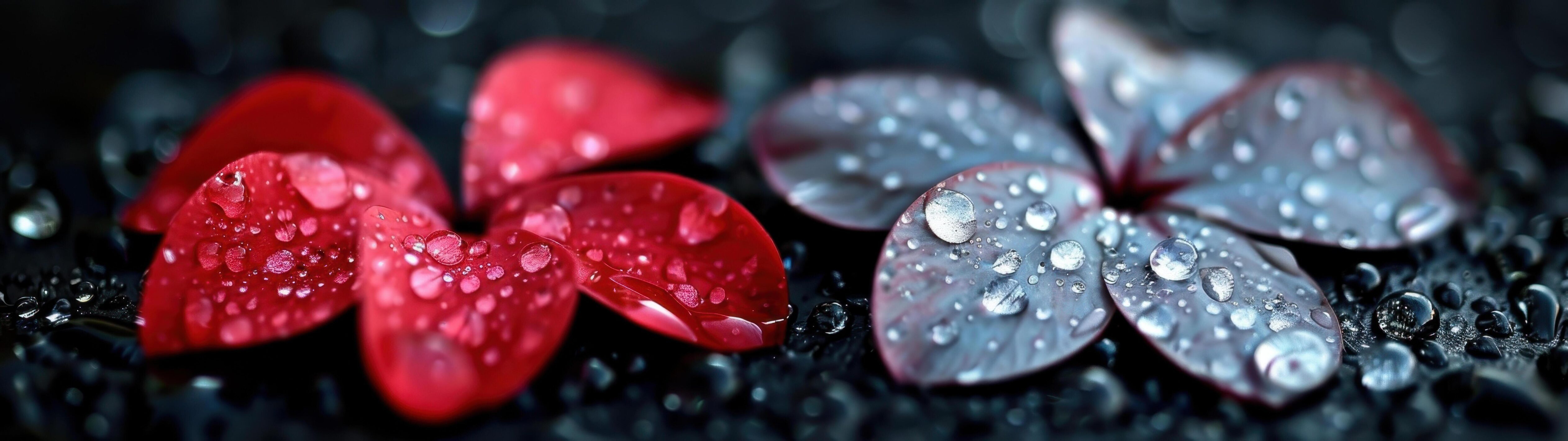 A close-up captures a red flower petal beside a gray one adorned with water droplets, set against a black background Stock Free