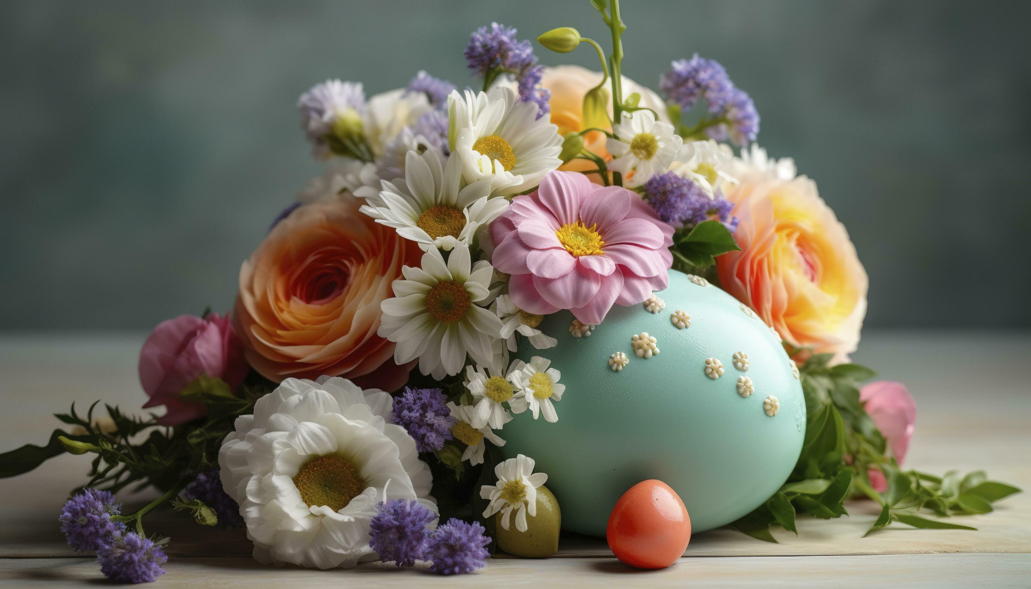 Easter Egg Decoration With Flower Bouquet, generate ai Stock Free