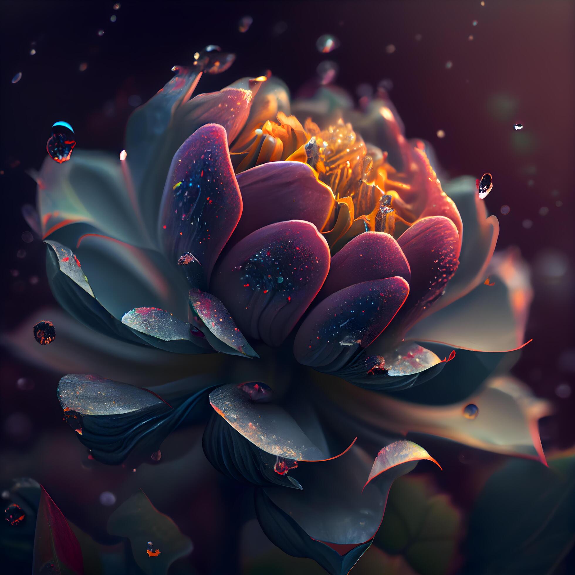 3d illustration of abstract fractal flower with water drops on it, Image Stock Free