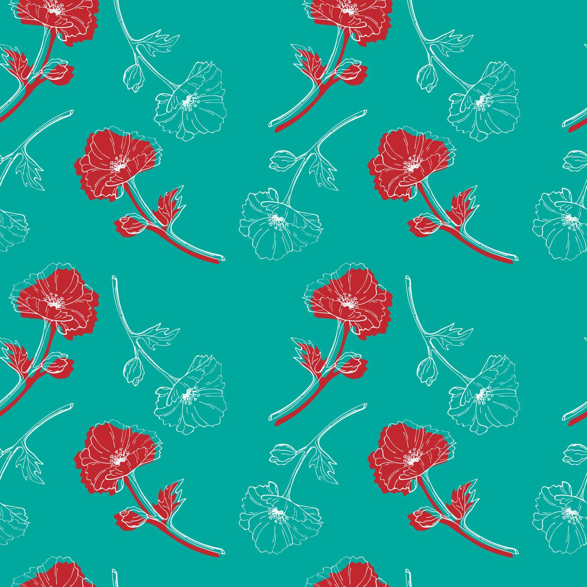 Seamless pattern blue background with red and blue flowers and leaves. Print with poppies. Vector illustration Stock Free