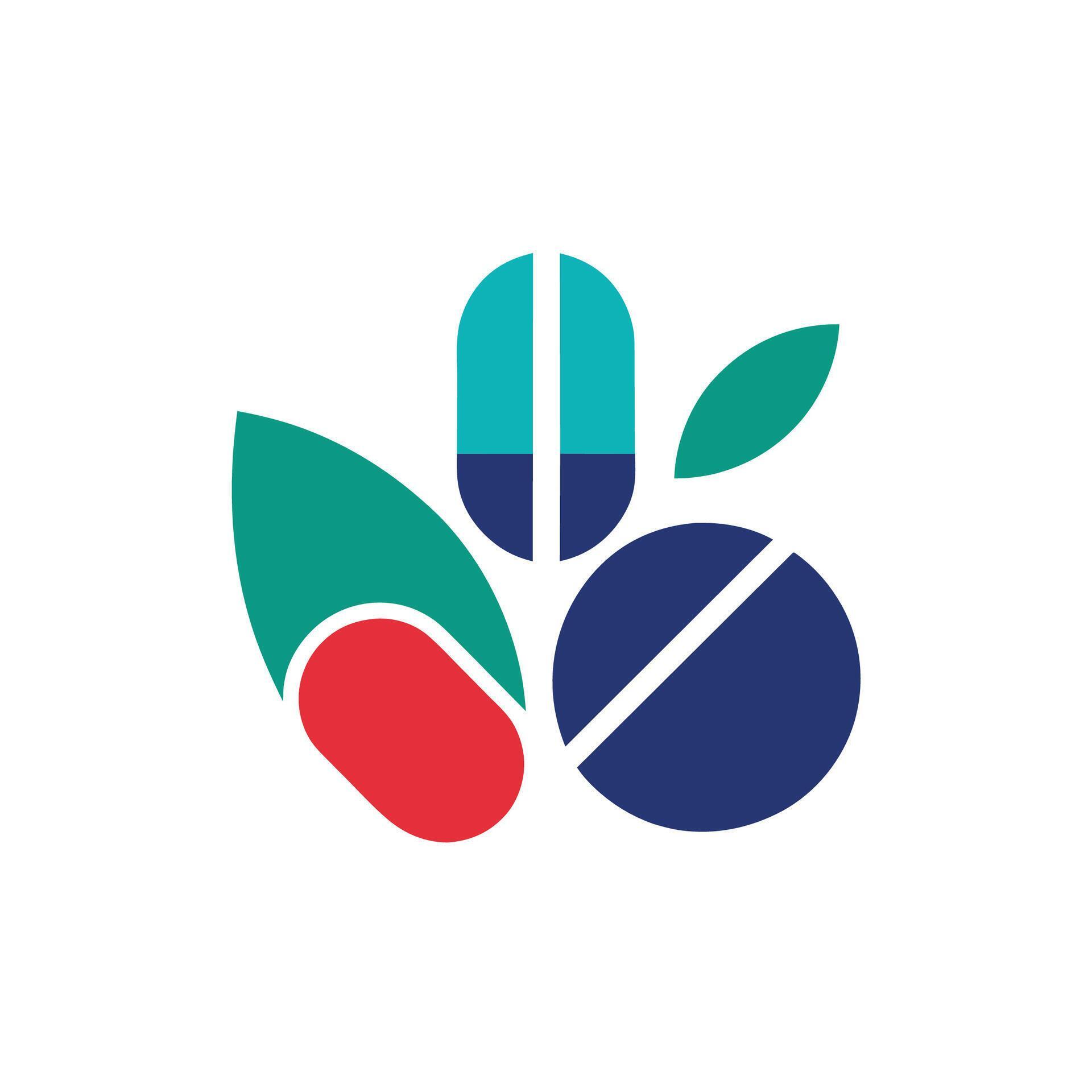 A blue and red flower surrounded by lush green leaves in a natural setting, Design a minimalist logo representing the concept of Pharmaceuticals Stock Free