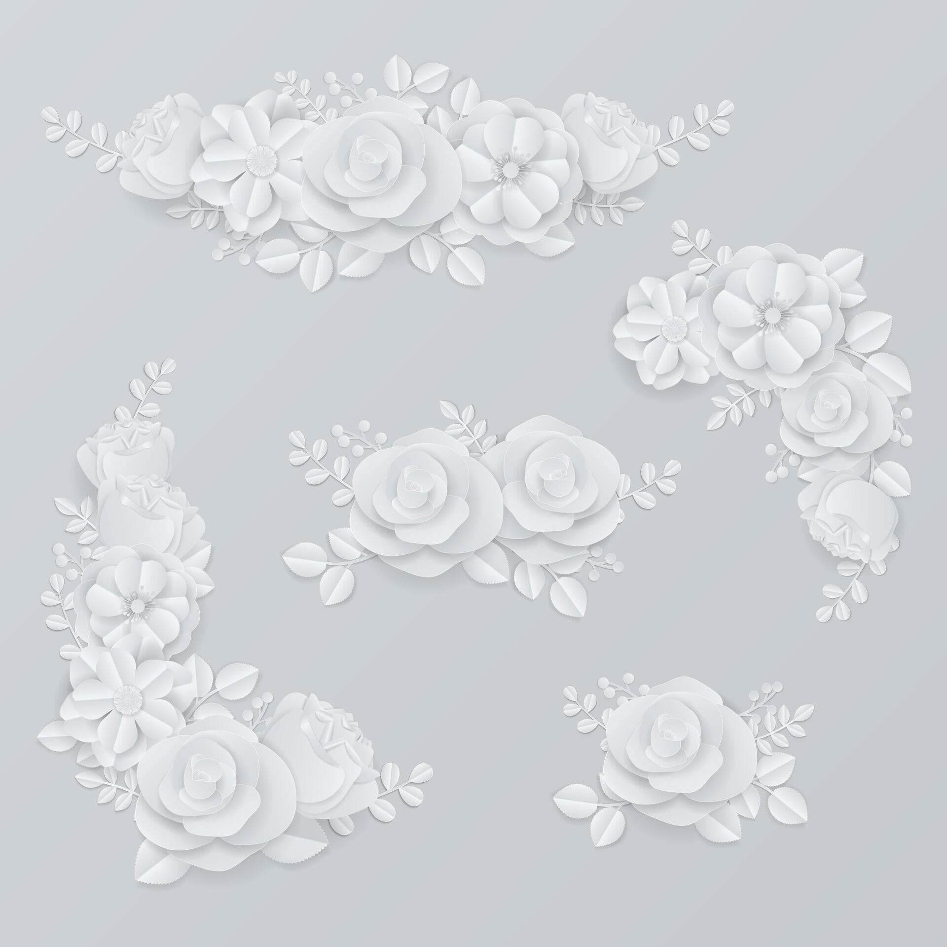 Paper flowers wreath set on gray background Stock Free