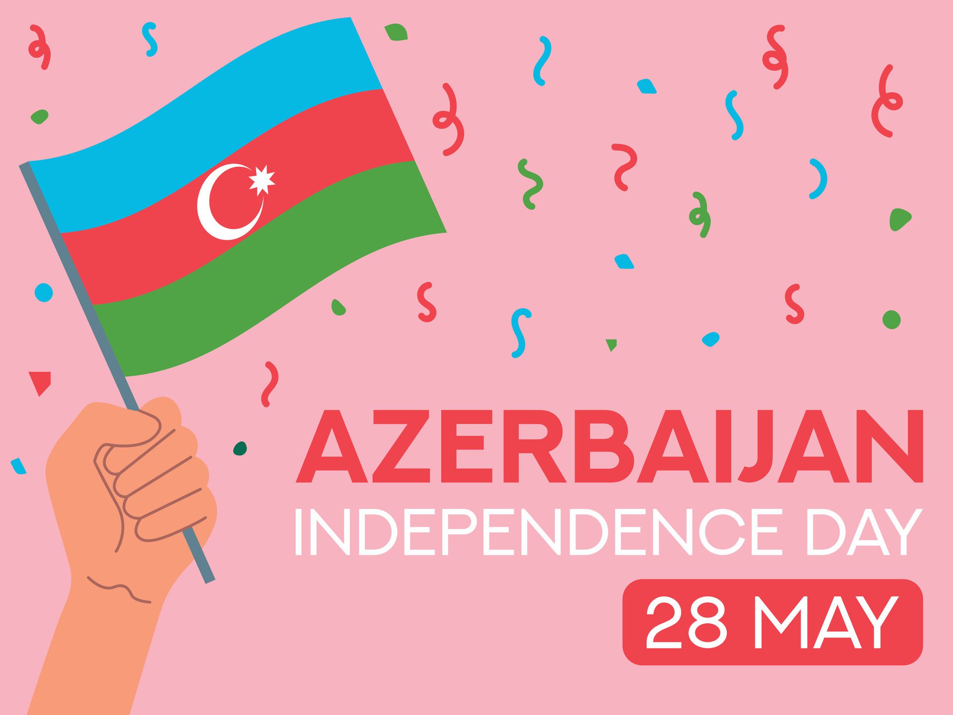 Azerbaijan independence day 28 may. Azerbaijan flag in hand. Greeting card, poster, banner template Free Vector