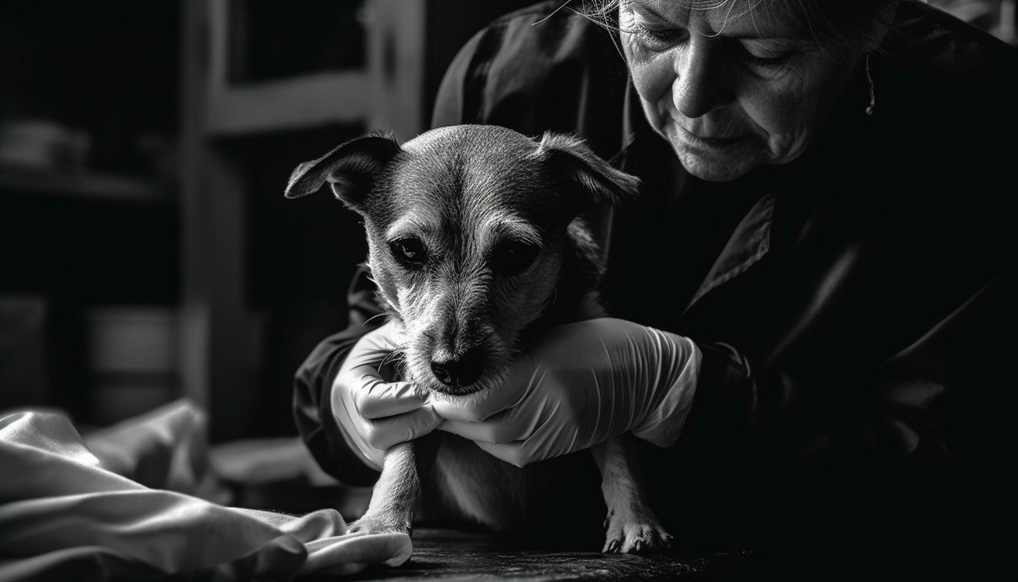 Family bonding with loyal black and white terrier generated by AI Stock Free