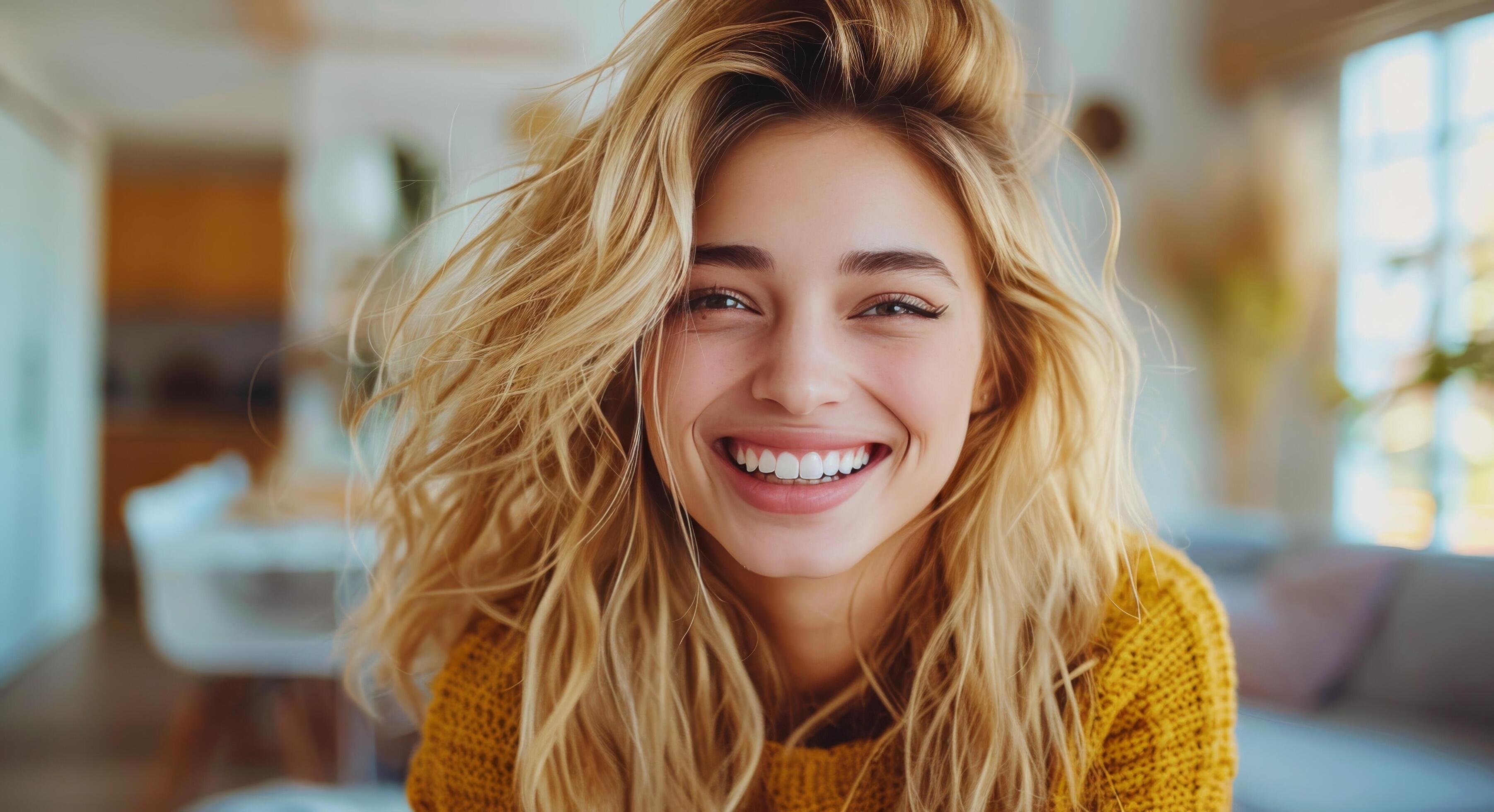 Smiling Woman With Blonde Hair In A Yellow Sweater Stock Free