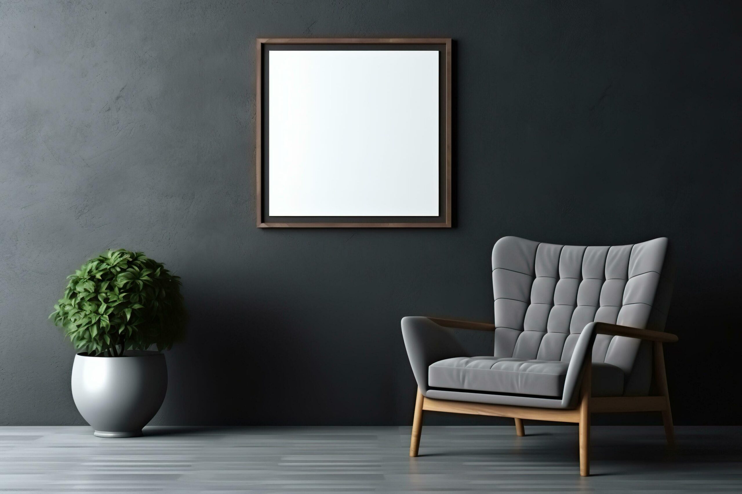 Interior of a modern living room with an empty frame on the wall. Mock up. Free Photo