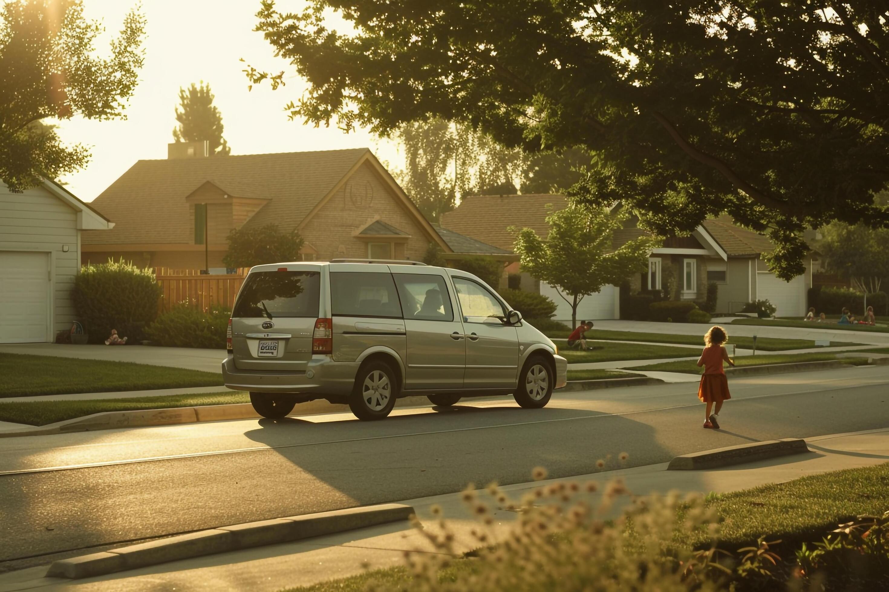 Safety Family minivan driving through residential neighborhood with speed bumps and children playing on sidewalks Stock Free