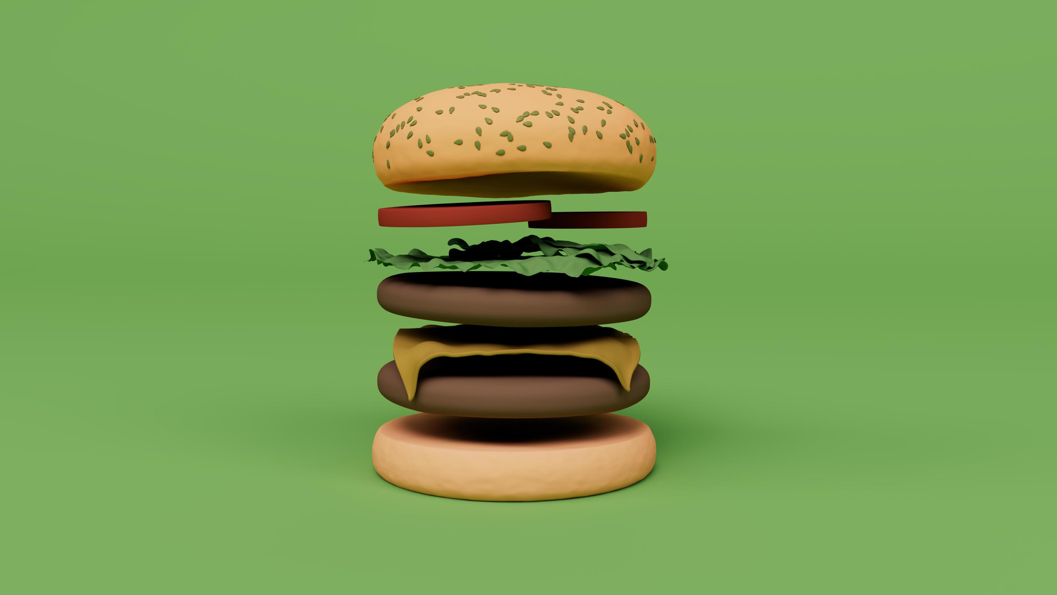 Hamburger fast food. Burger with meat and chees, tomato 3d rendering Stock Free