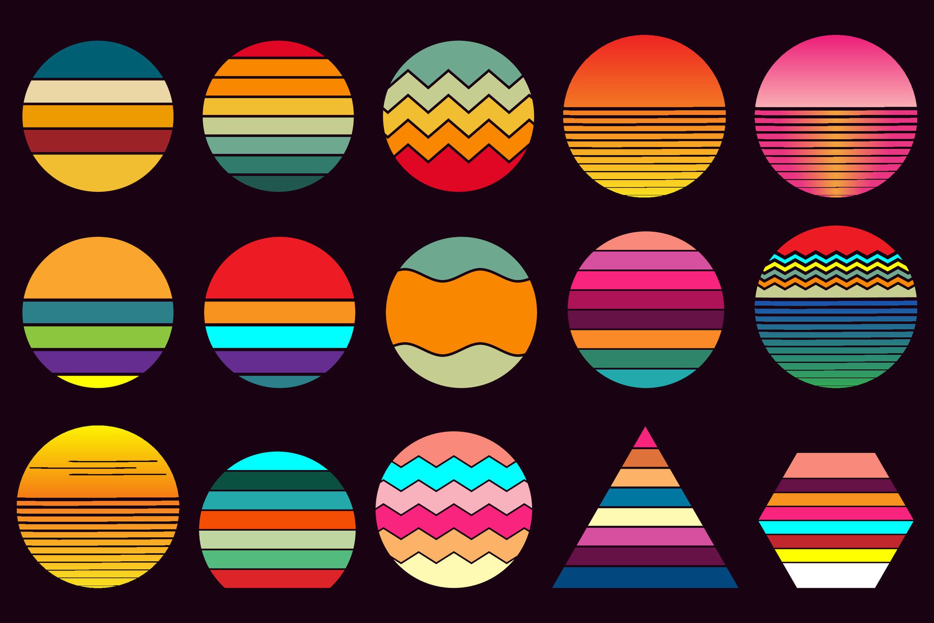 Retro vintage sunset collection with different forms and colors for banner or print. Free Vector