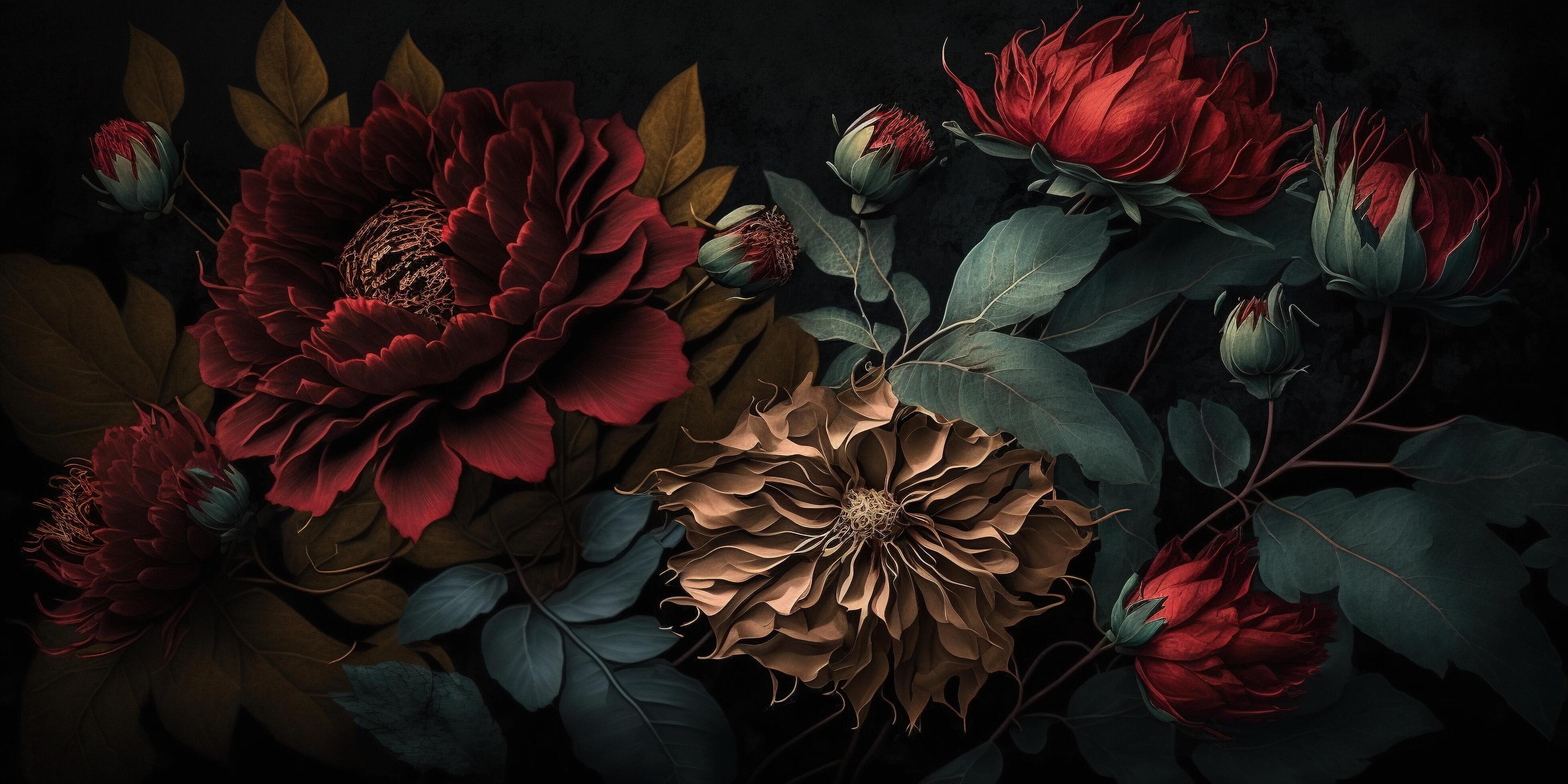 , Close up of blooming flowerbeds of amazing red color flowers on dark moody floral textured background. Photorealistic effect.. Stock Free