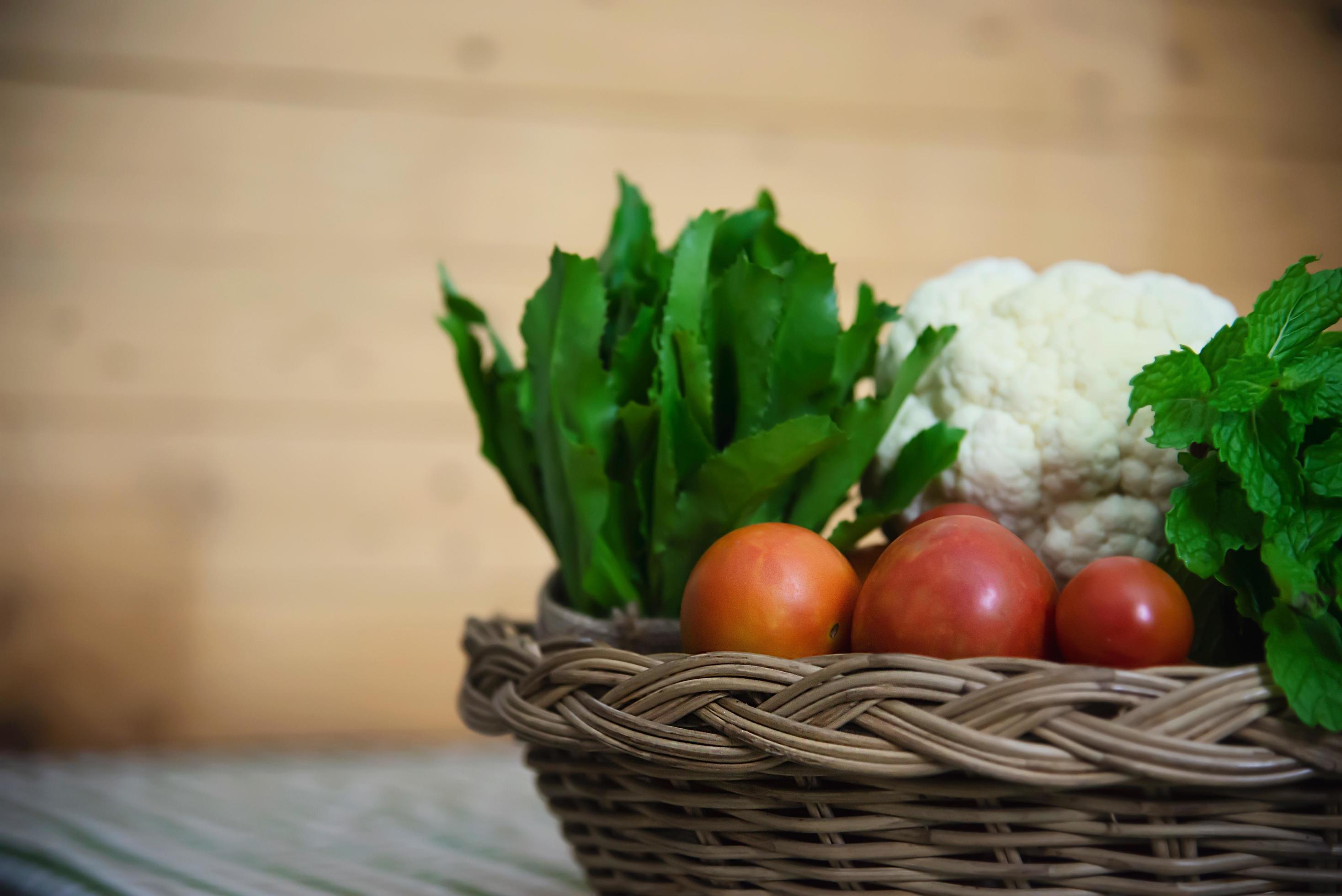 Fresh variety vegetable basket ready to be cooked in the kitchen – vegetable for making food background with copy space concept Stock Free