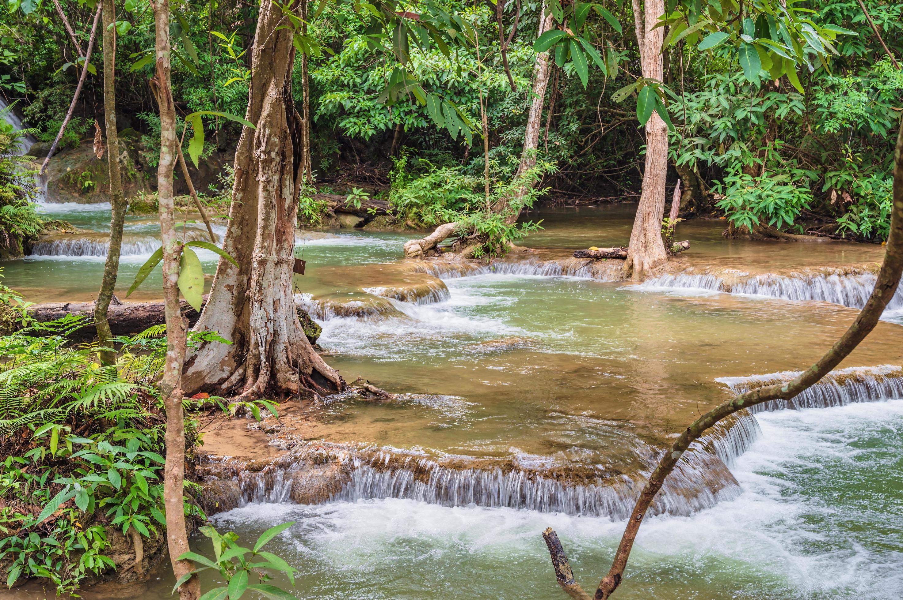 Waterfall of Huai mae khamin waterfall Srinakarin national park at Kanchanaburi thailand. Stock Free