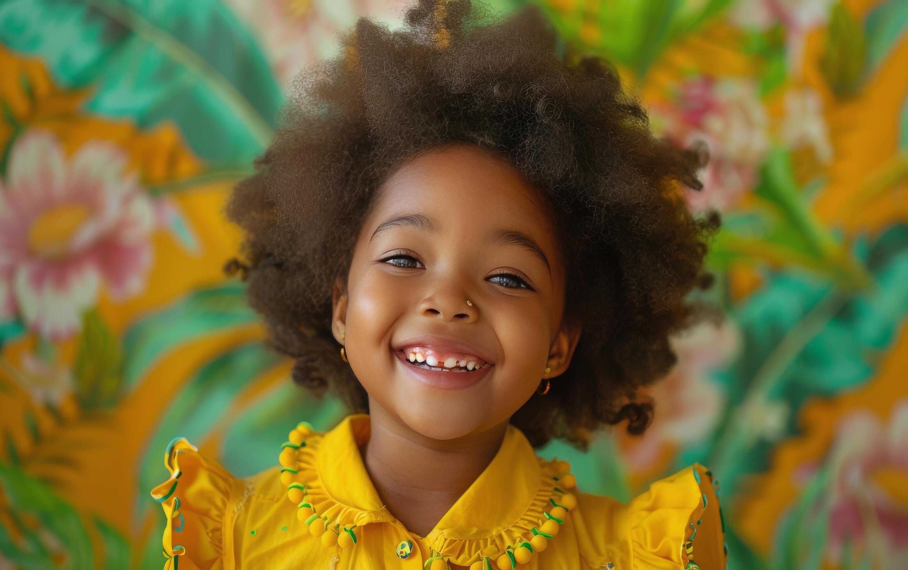 Young Girl With Curly Hair Smiles Against Colorful Floral Wall Stock Free