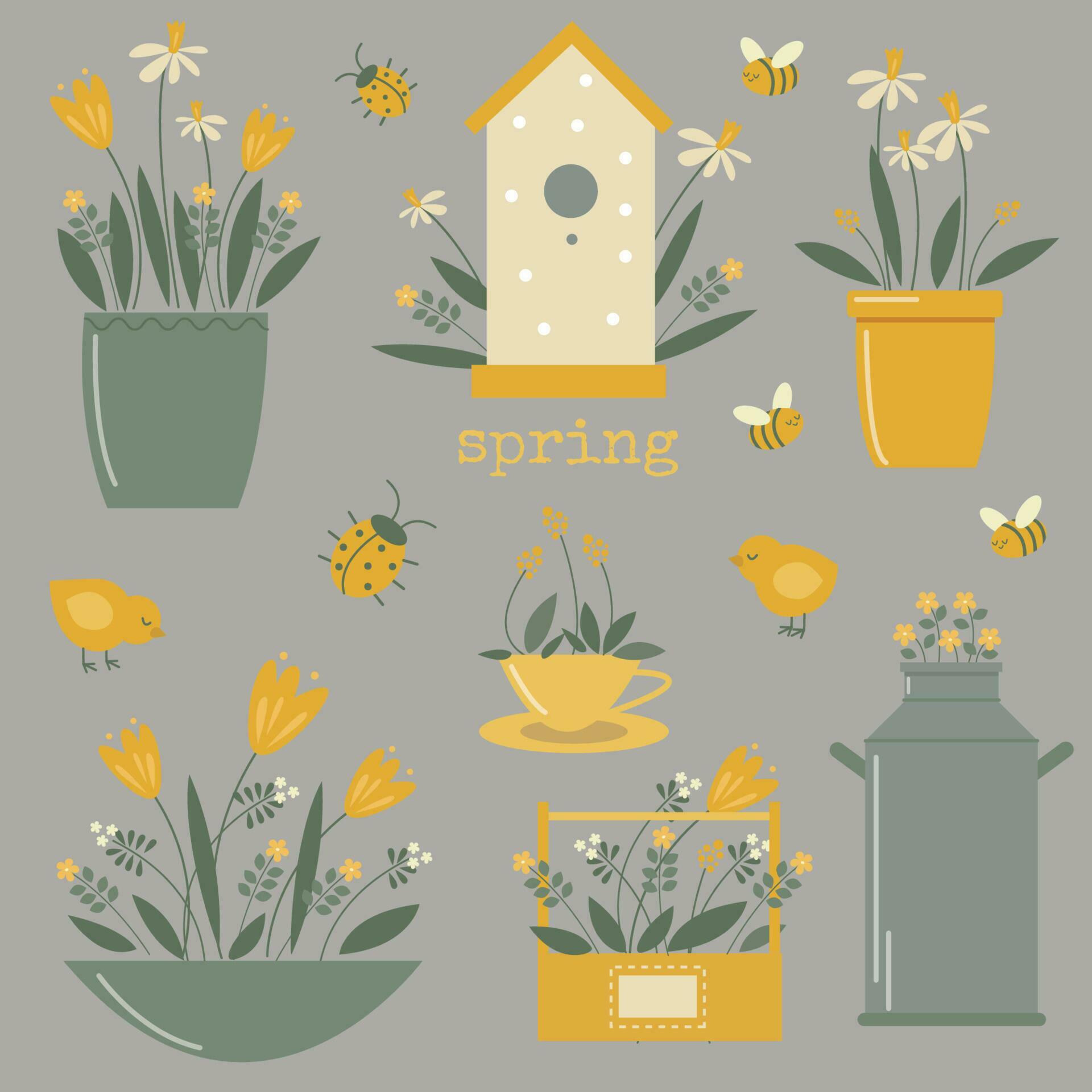 vector spring garden set with cute flower pot, chicken, bugs and bees Stock Free