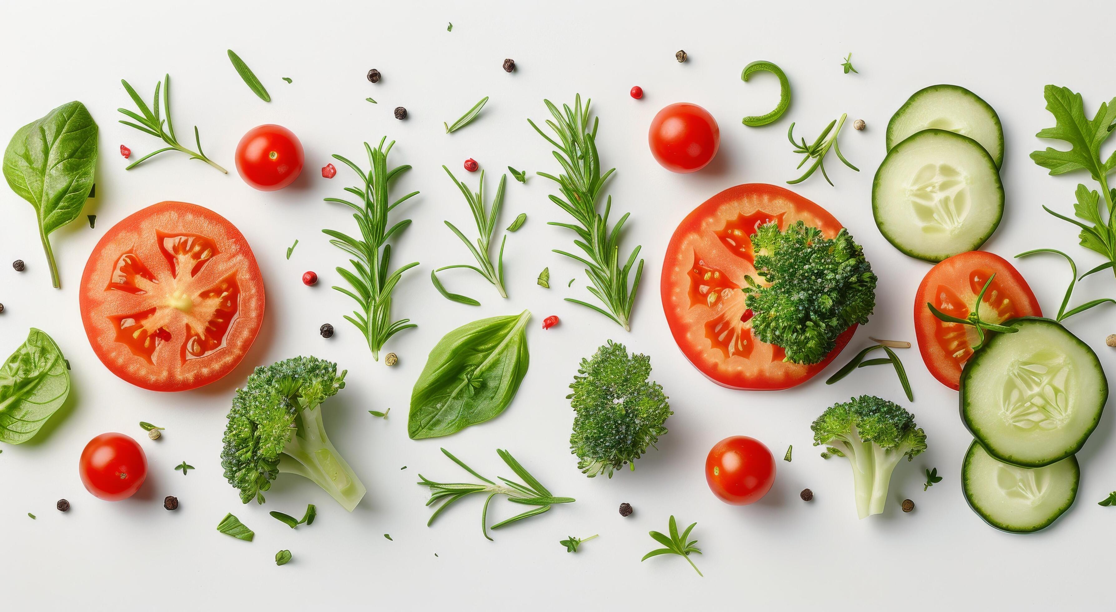 Fresh Broccoli, Tomatoes, Cucumber, and Rosemary Sprouts on White Background Stock Free