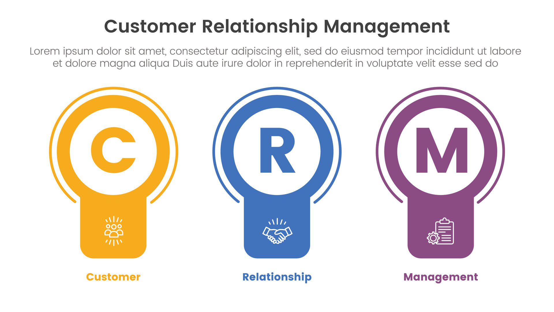 CRM customer relationship management infographic 3 point stage template with badge circle banner shape for slide presentation Free Vector