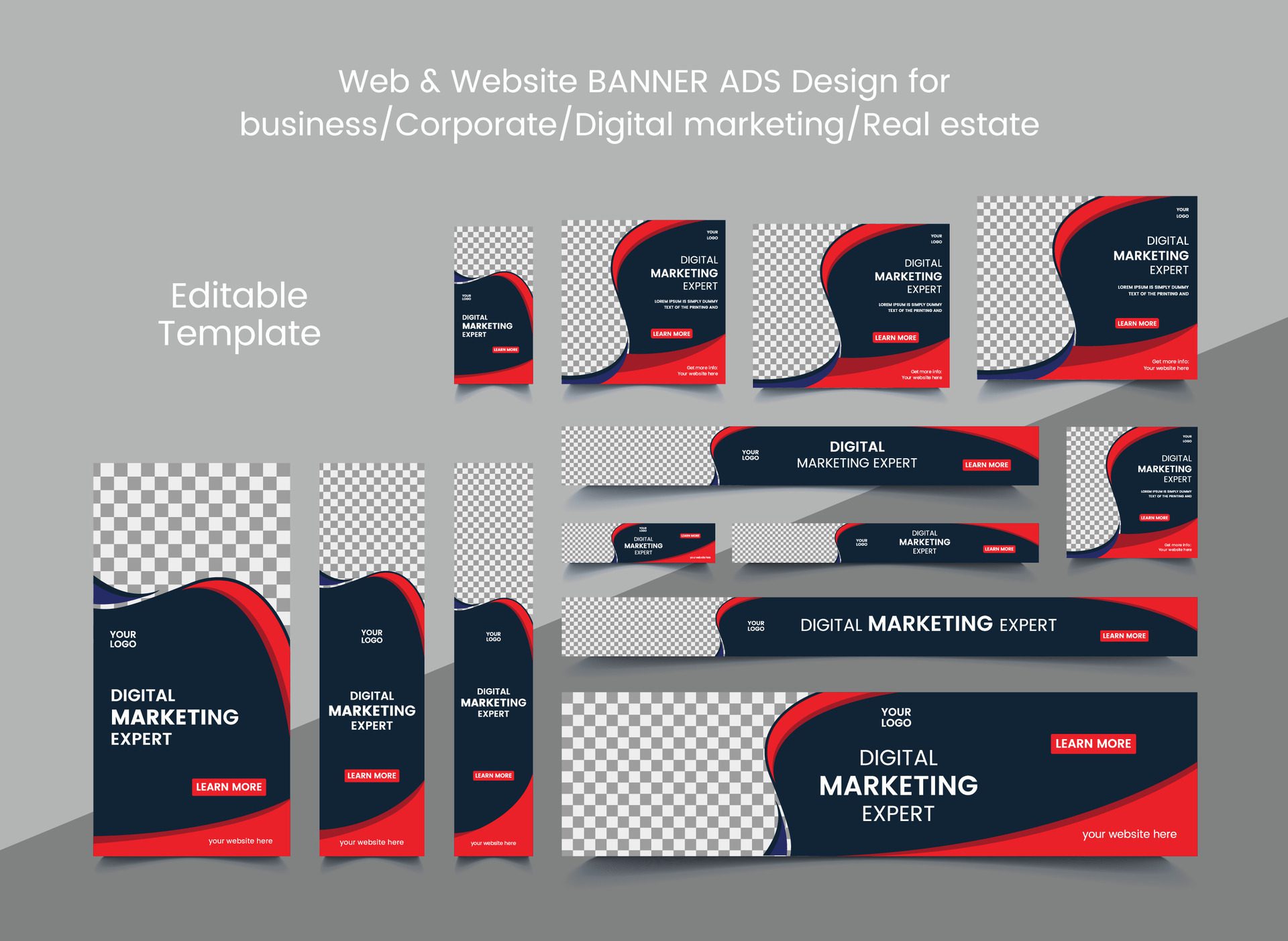 
									Set of elegant business web banners template of standard size with a place for photos. Business ad banner. Vertical, horizontal and square template Free Vector