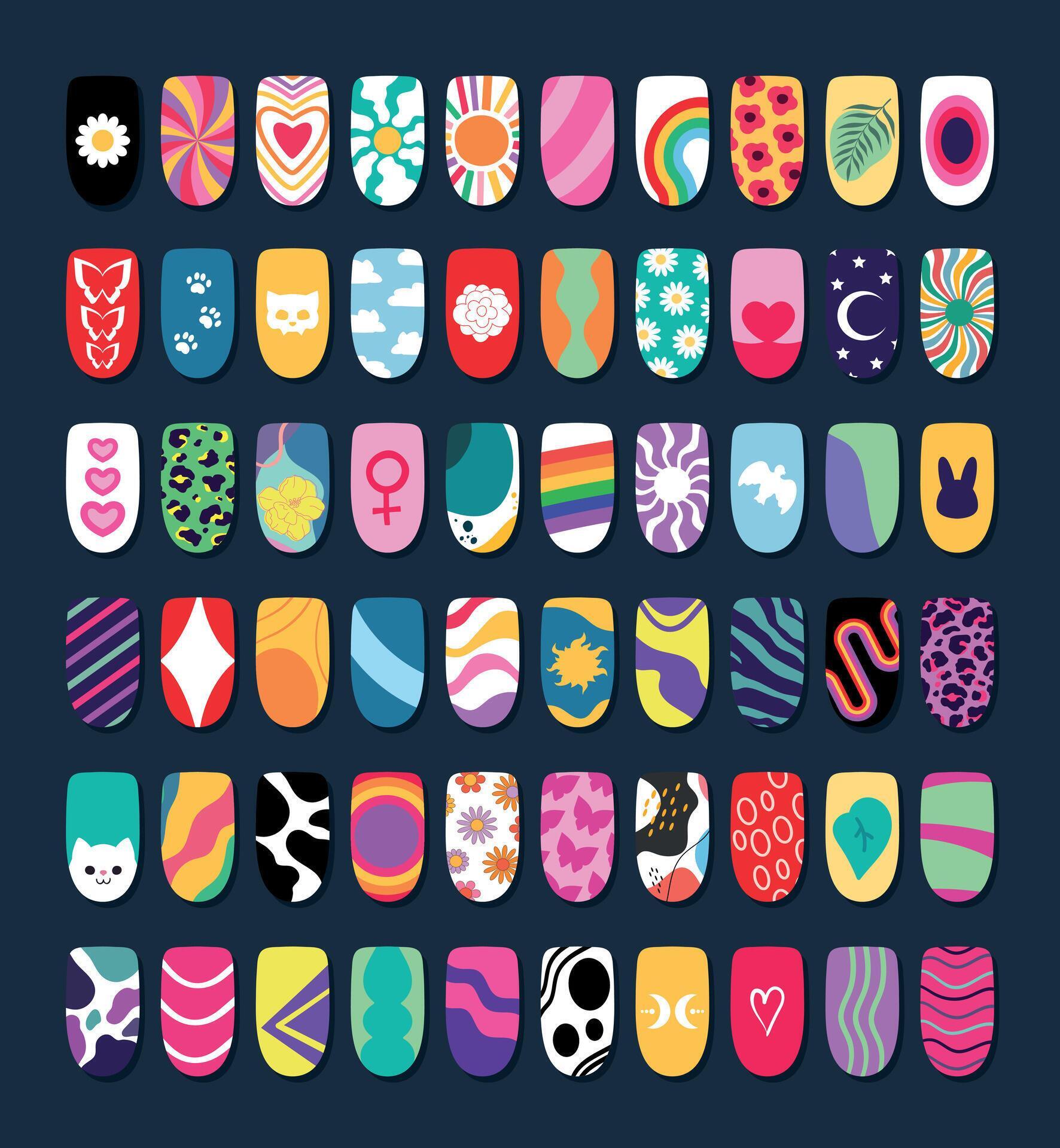 Collection of different nail design art. Colorful creative manicure design. Various prints, patterns and drawings. illustration Stock Free