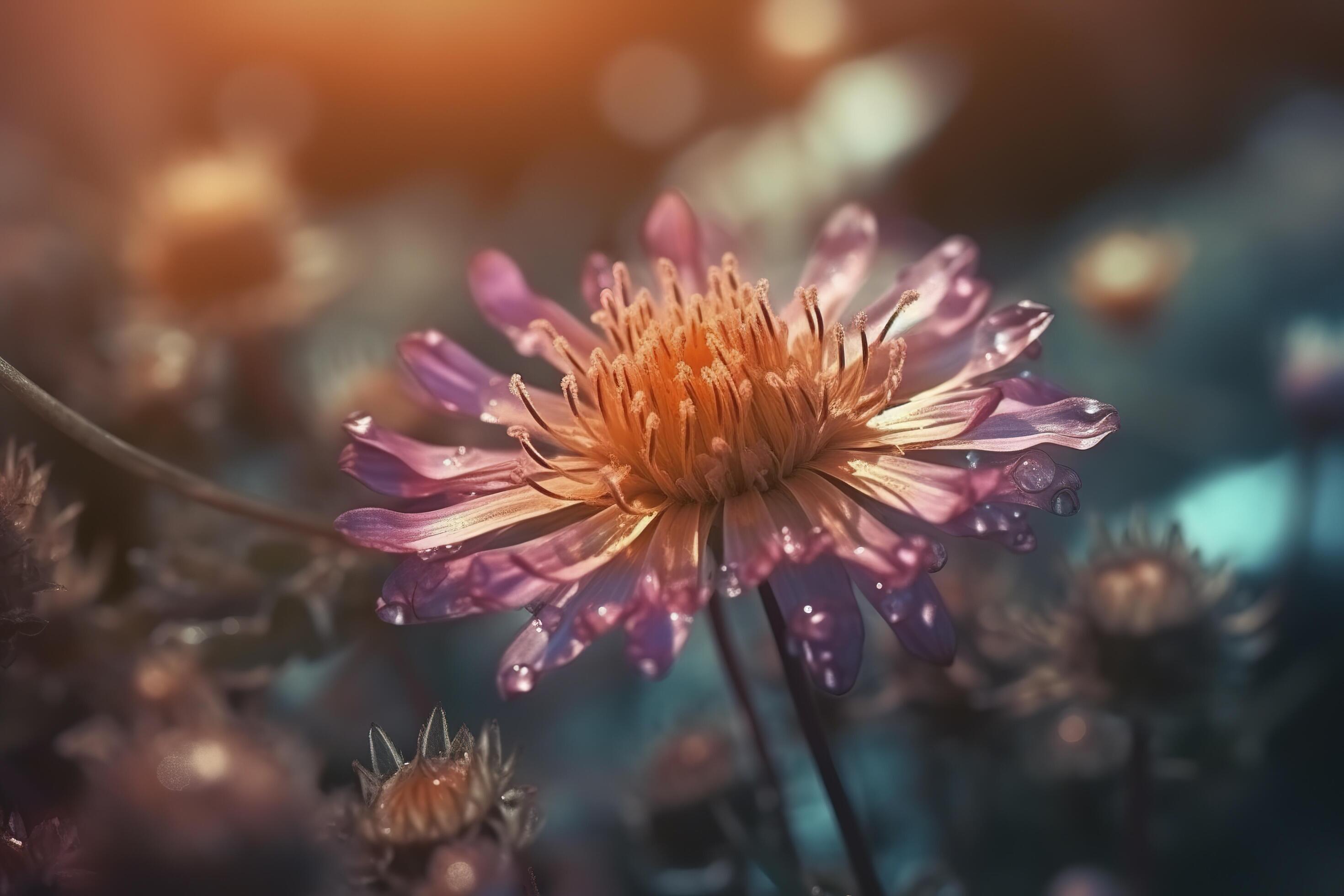 pink flowers with the sun shining through the clouds in the background and the grass in the foreground is a field of purple flowers. Stock Free