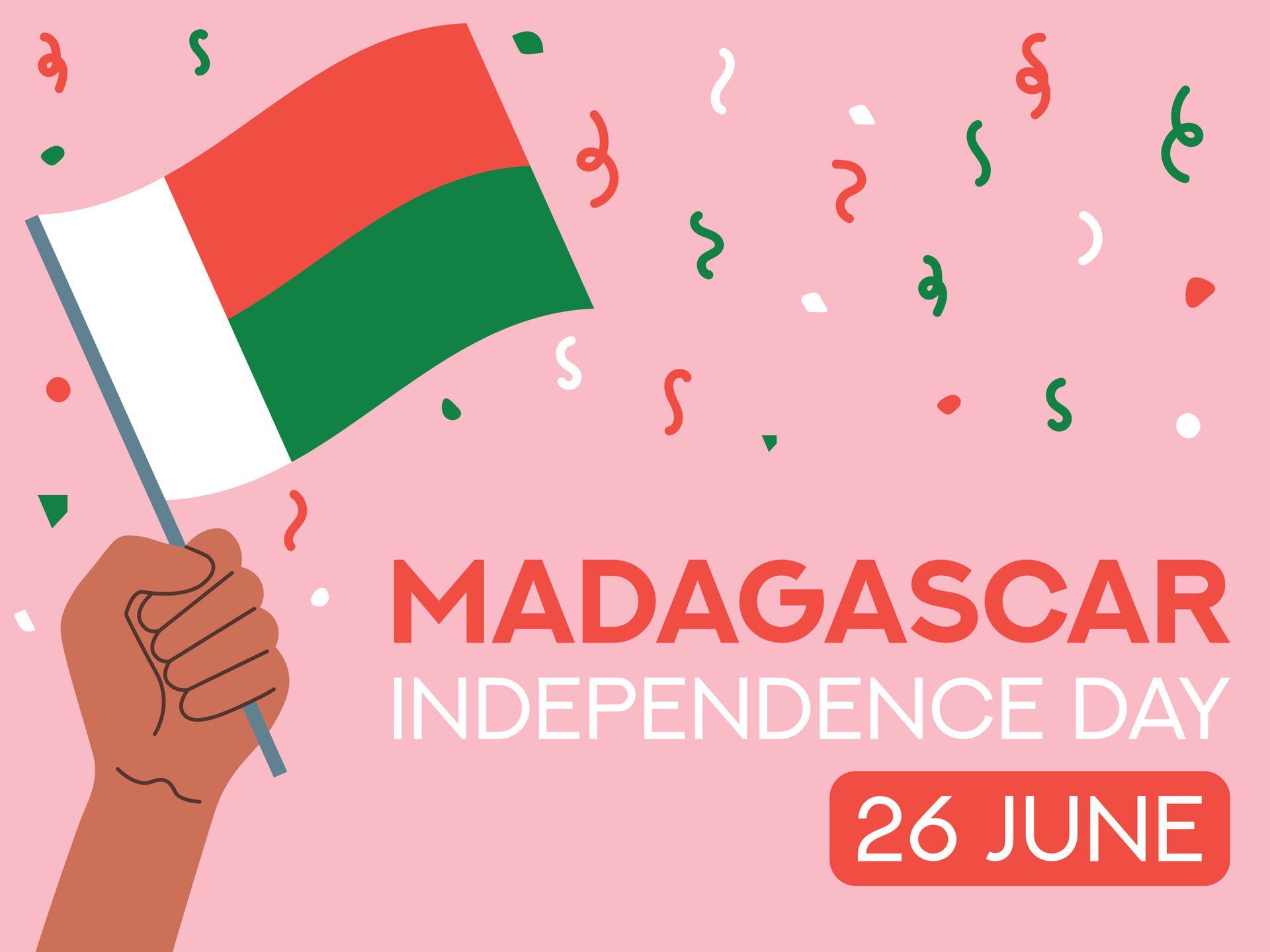 Madagascar independence day 26 June. Madagascar flag in hand. Greeting card, poster, banner template Free Vector