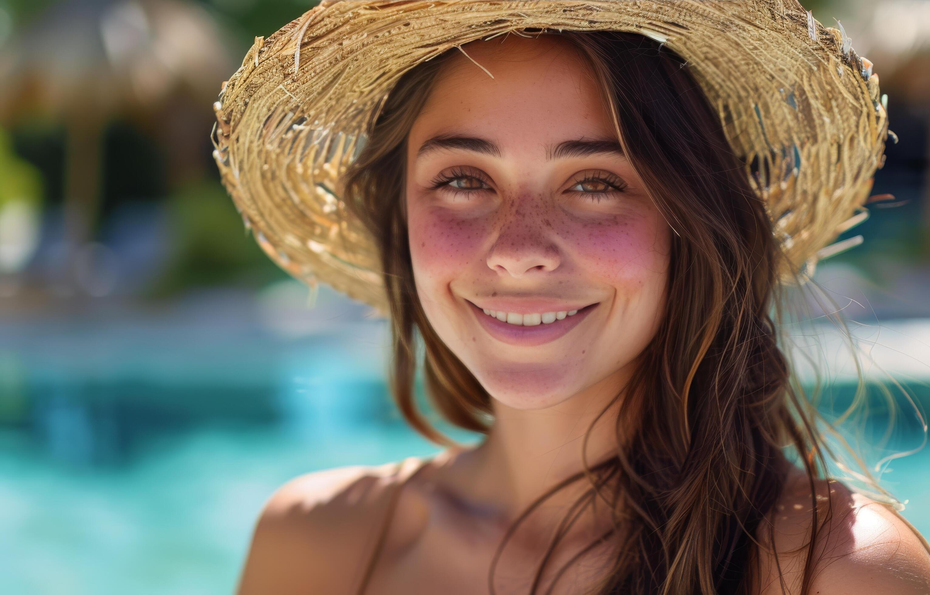 Young Woman With Straw Hat Smiling by Pool on Sunny Day Stock Free