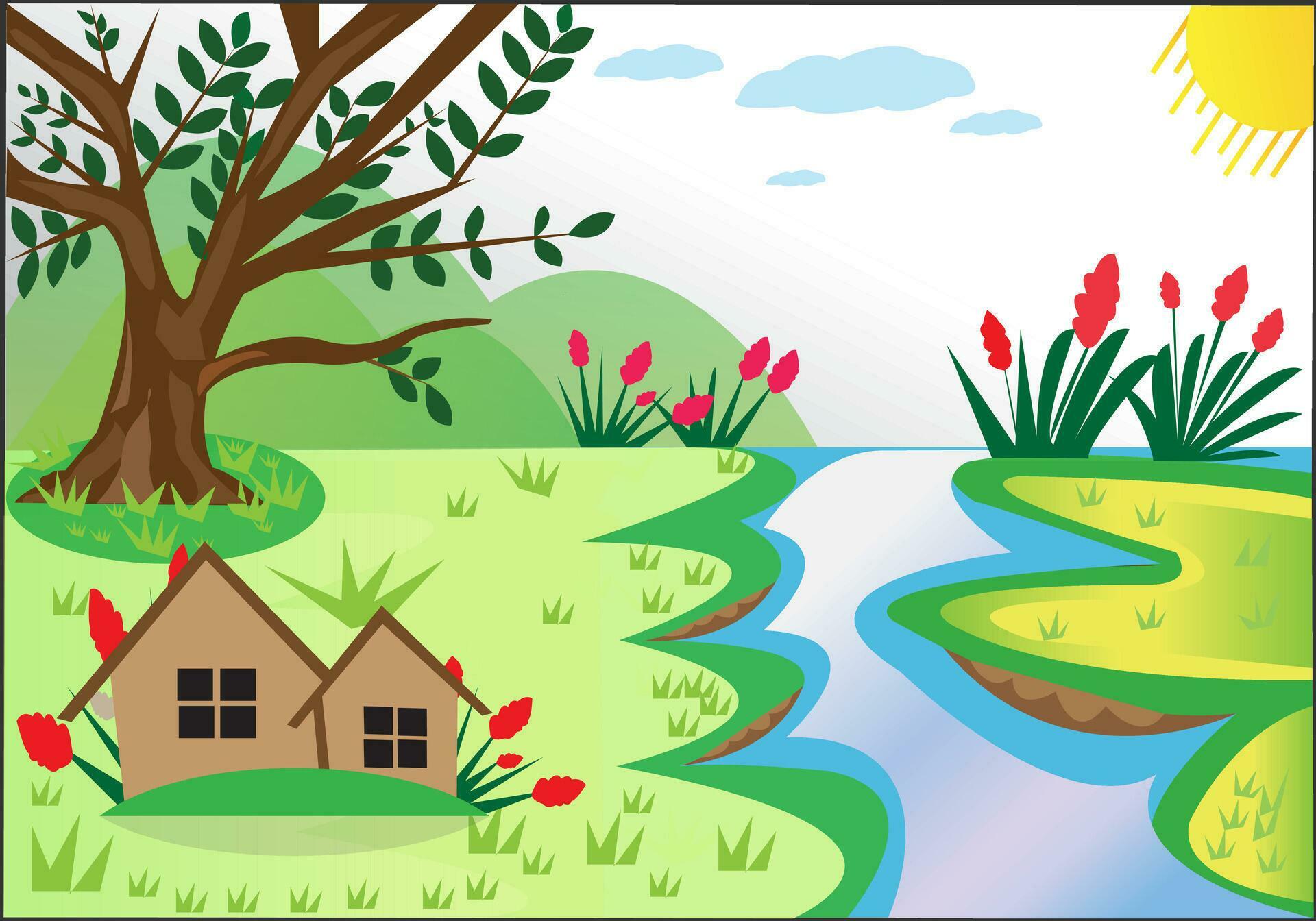 Village Nature scene with many trees, Flower, River illustration landscape Vector design Stock Free