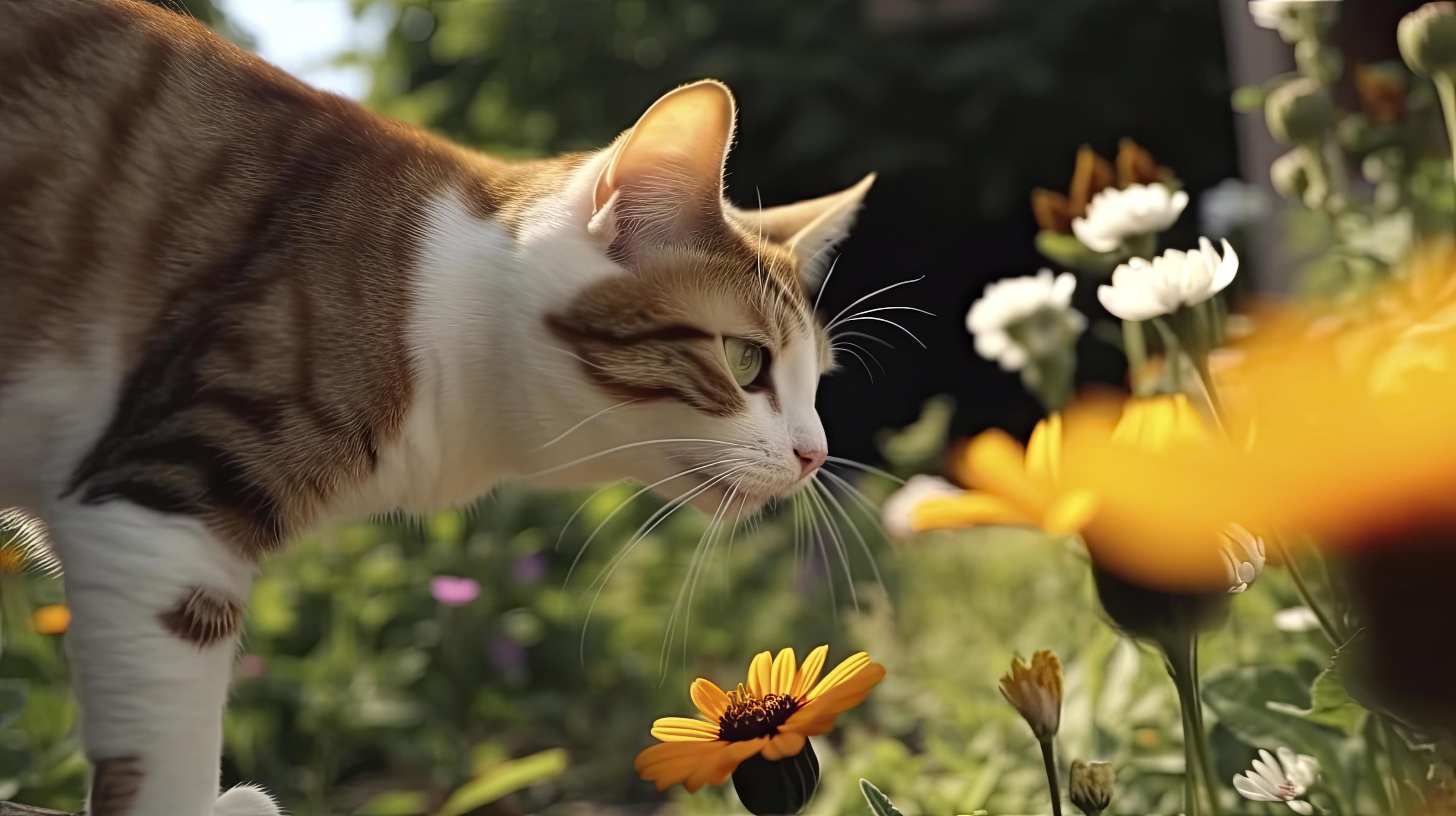 A playful cat chasing a butterfly around a garden full of flowers, Generate Ai Stock Free