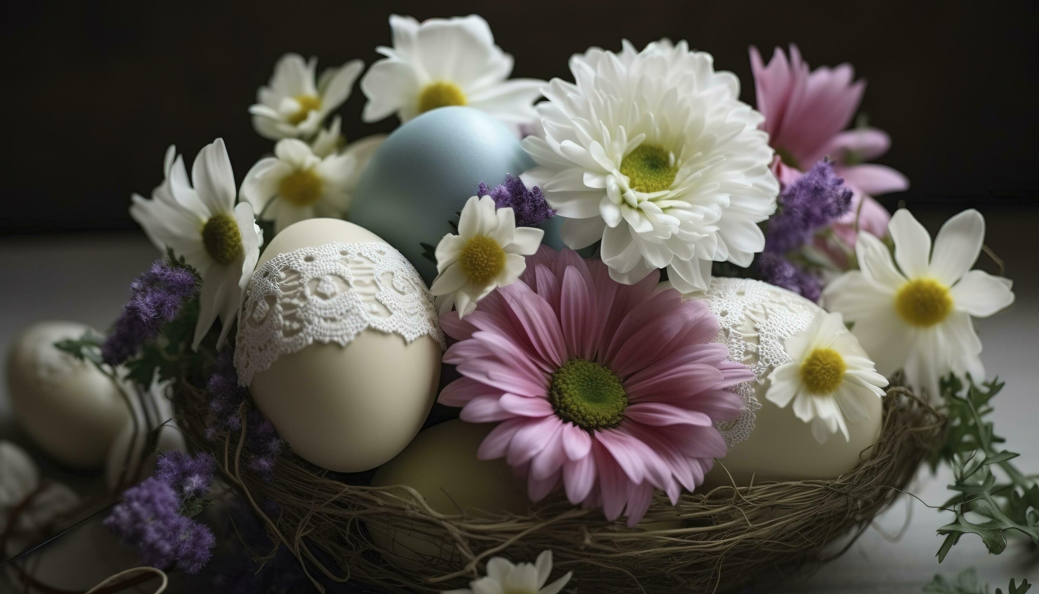 Easter Egg Decoration With Flower Bouquet, generate ai Stock Free