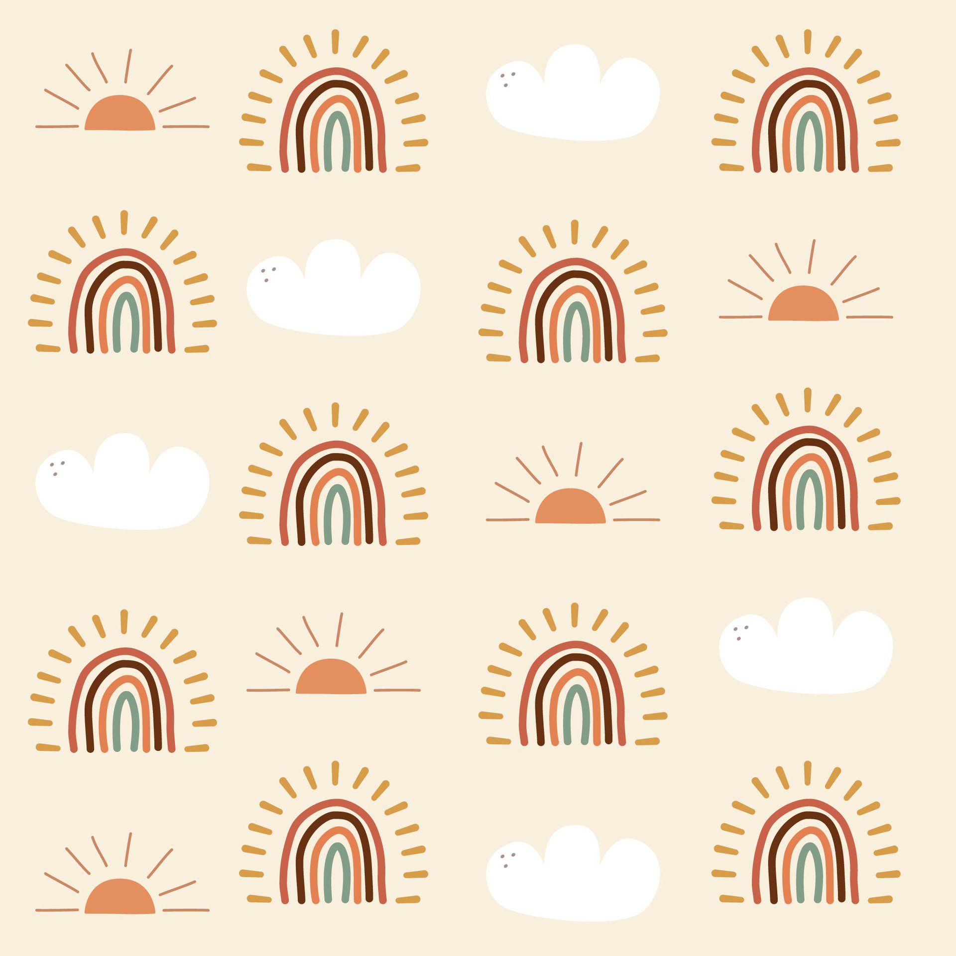 Cloud, ach, sun pattern on yellow background, boho pattern Free Vector