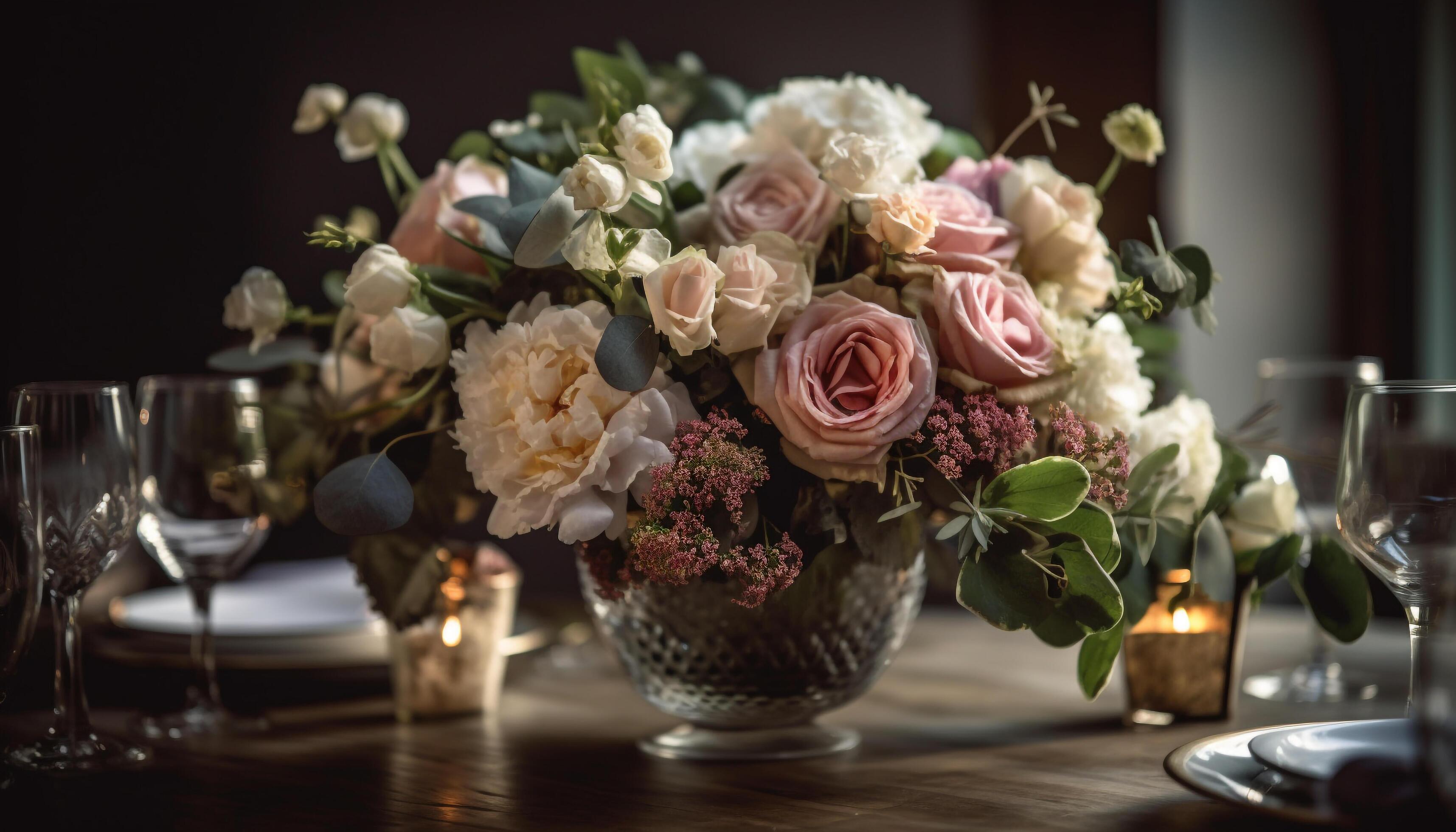 Elegant flower arrangement in ornate vase centerpiece generated by AI Stock Free