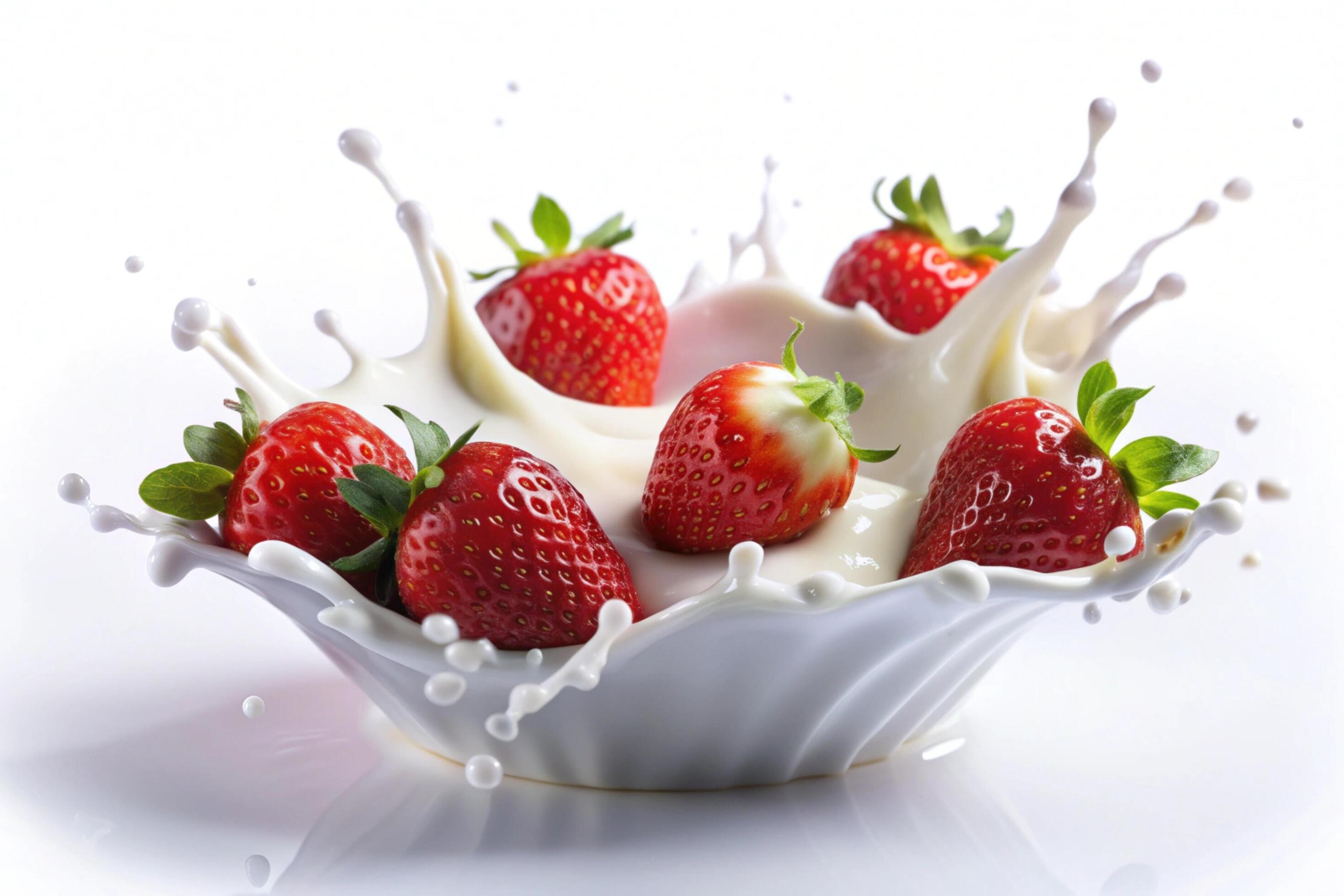 Milk splashes with strawberry on white background Stock Free