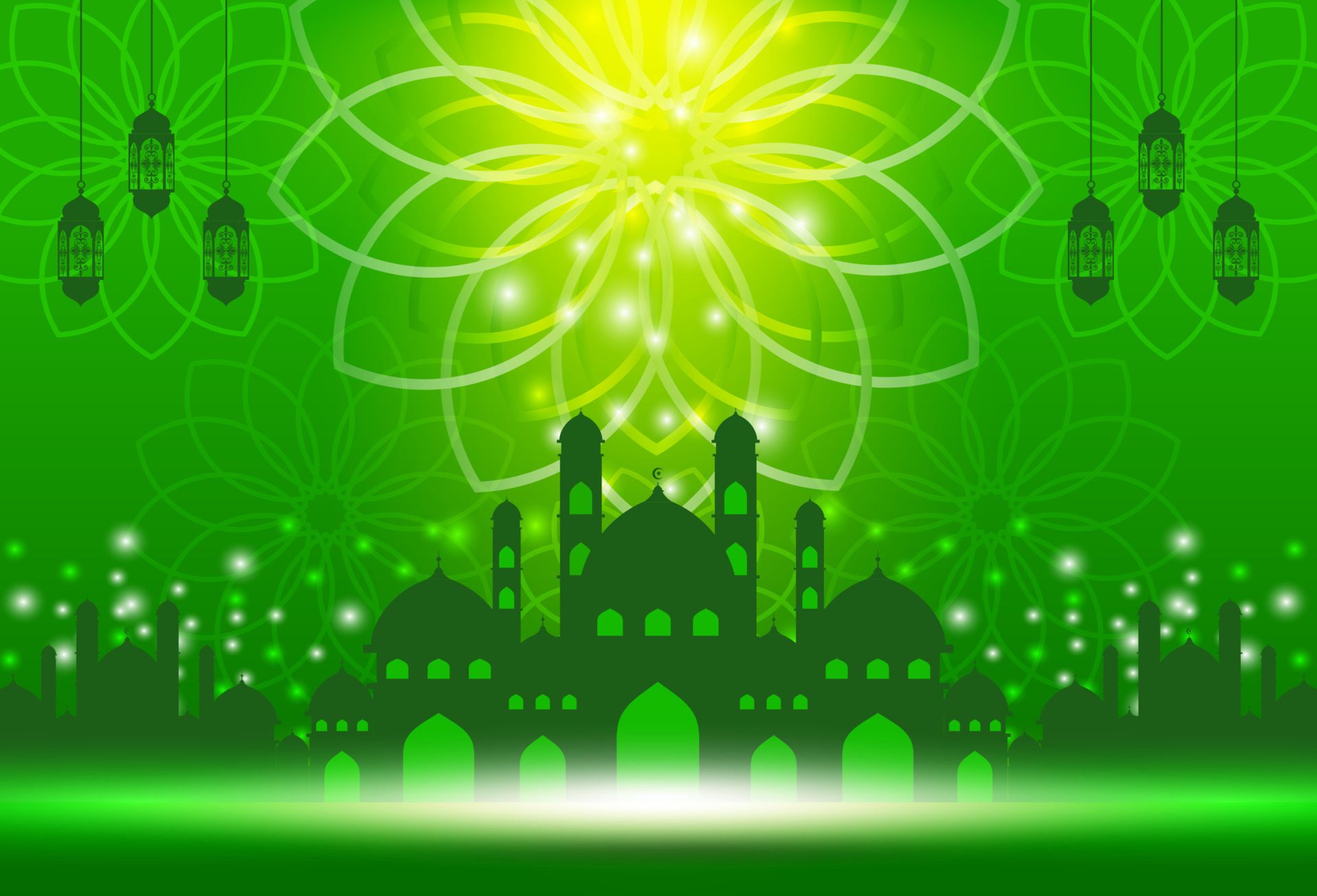 Islamic holiday celebration banner designed with crescent moon and illustration of mosque. Background suitable for Ramadan Free Vector