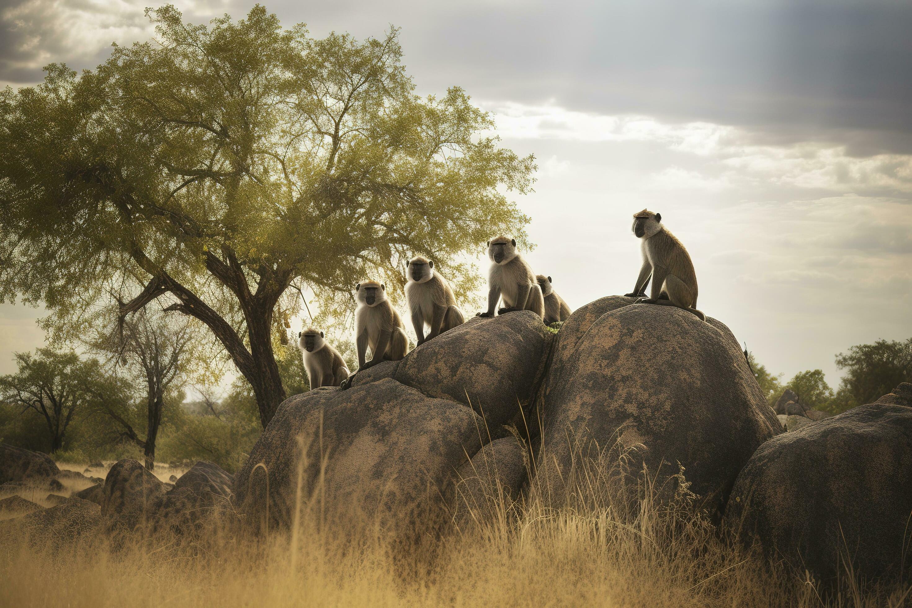 A family of baboons perched on a rocky outcropping in a savanna landscape, generate ai Stock Free