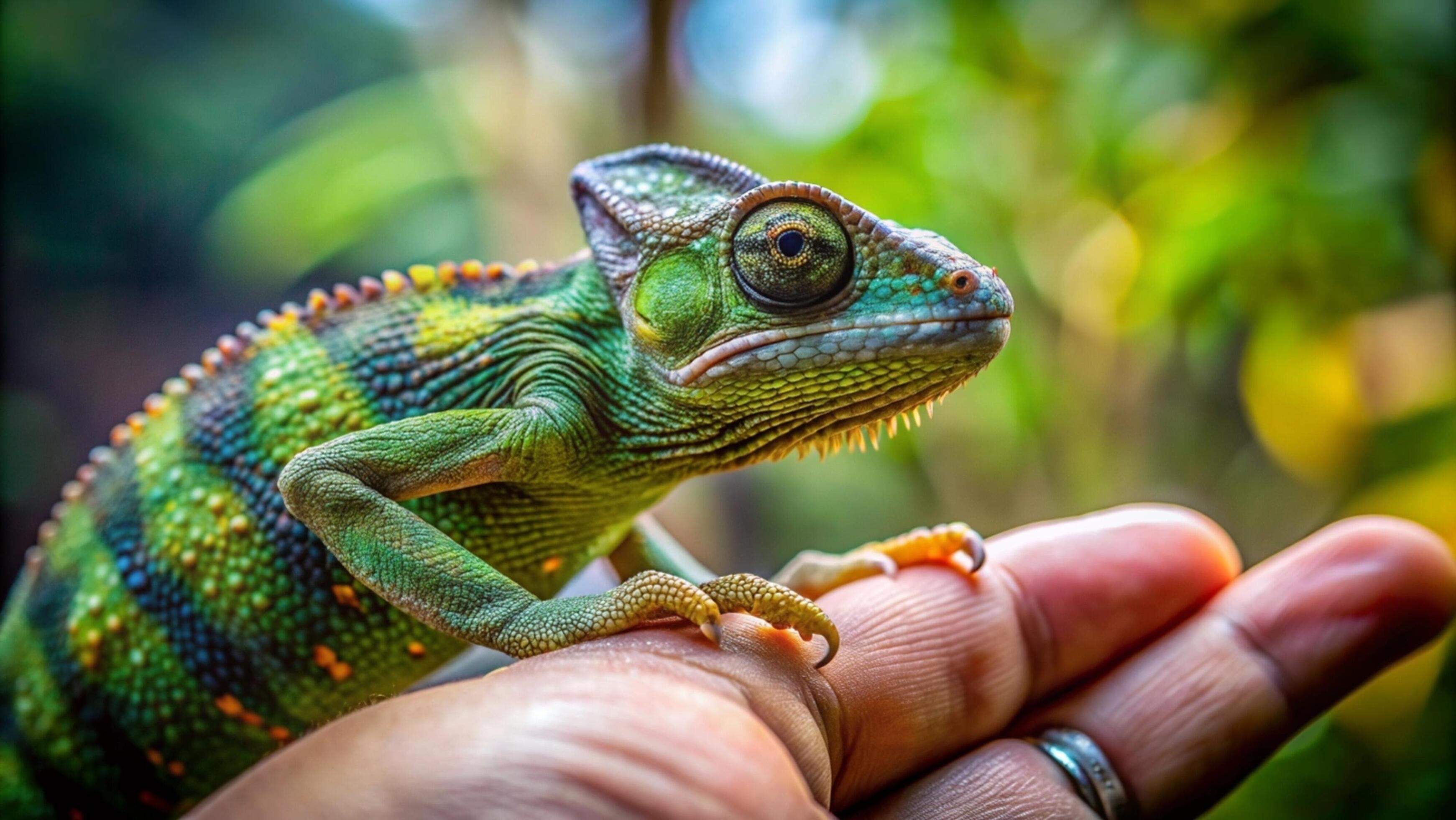 A vibrant chameleon camouflaging against a lush green forest background. Stock Free