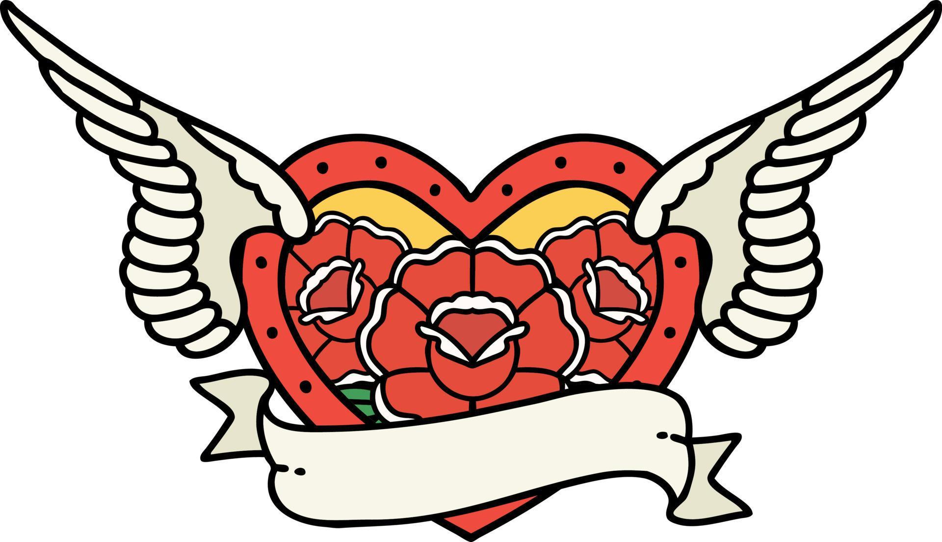 traditional tattoo of a flying heart with flowers and banner Stock Free