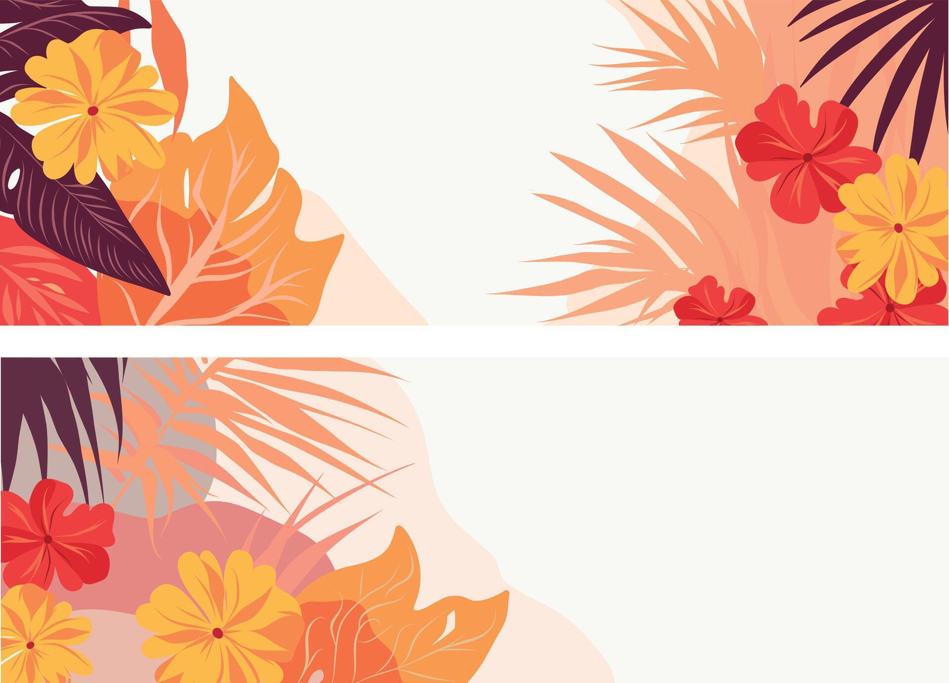 Vector two banners horizontal space for text flowers plants exotic palm tropics tourism cosmetology print typography Stock Free