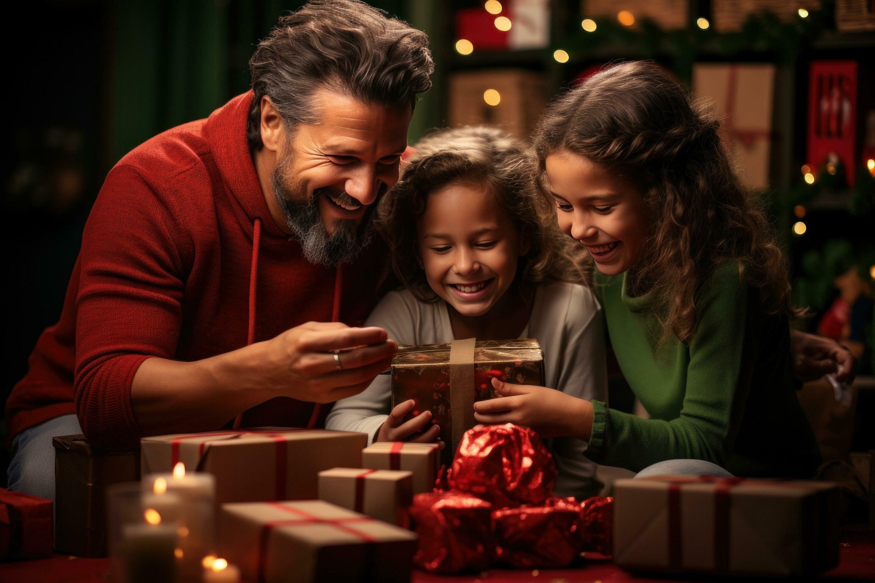 AI generated happy family taking pictures of presents, social media portraiture Stock Free