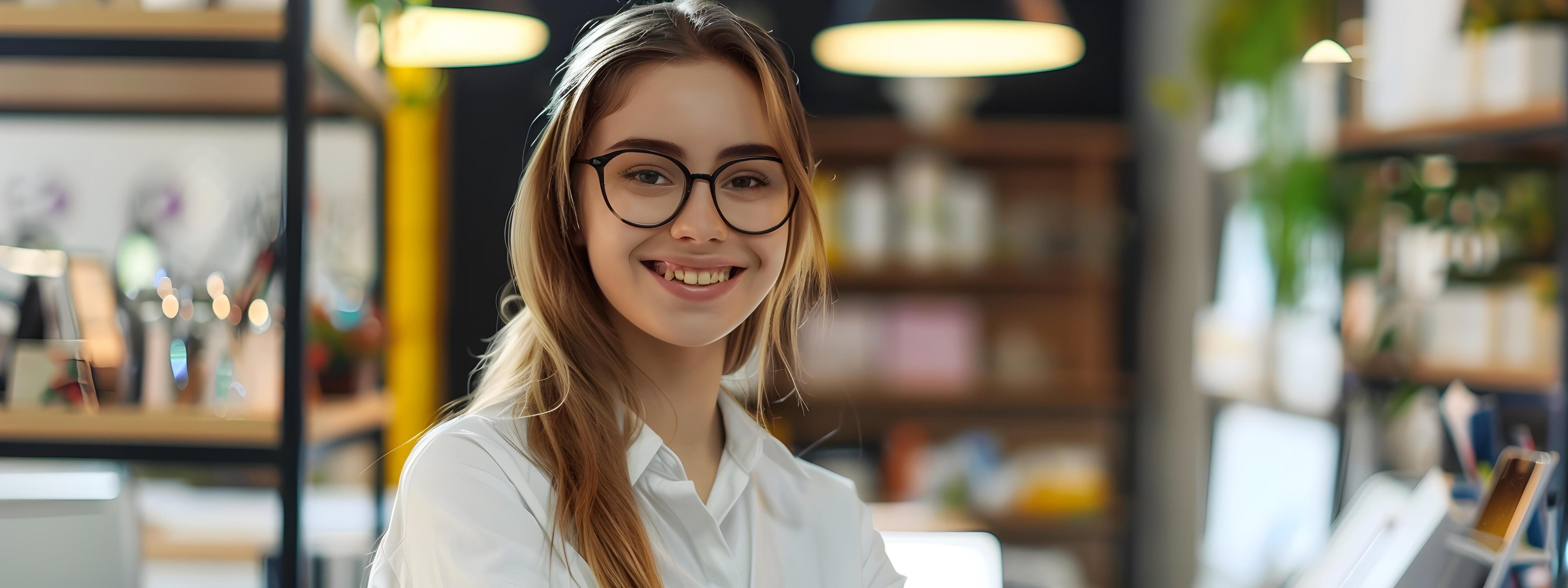 Friendly Young Professional Smiling in Cozy Workplace Environment Stock Free