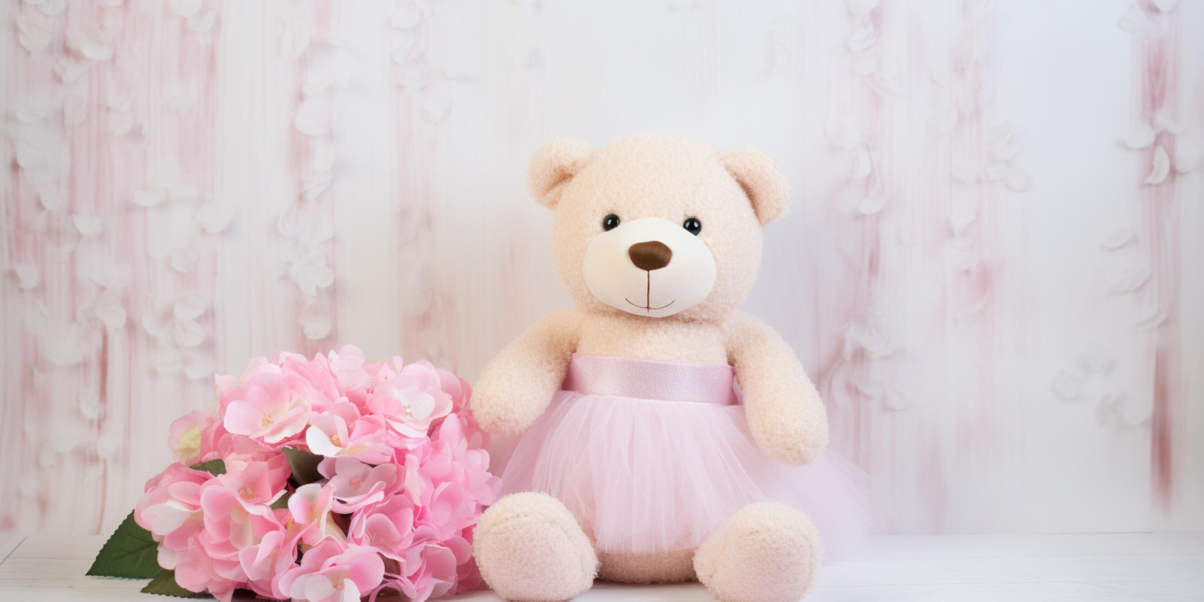 teddy bear with pink flowers and pink dress Stock Free