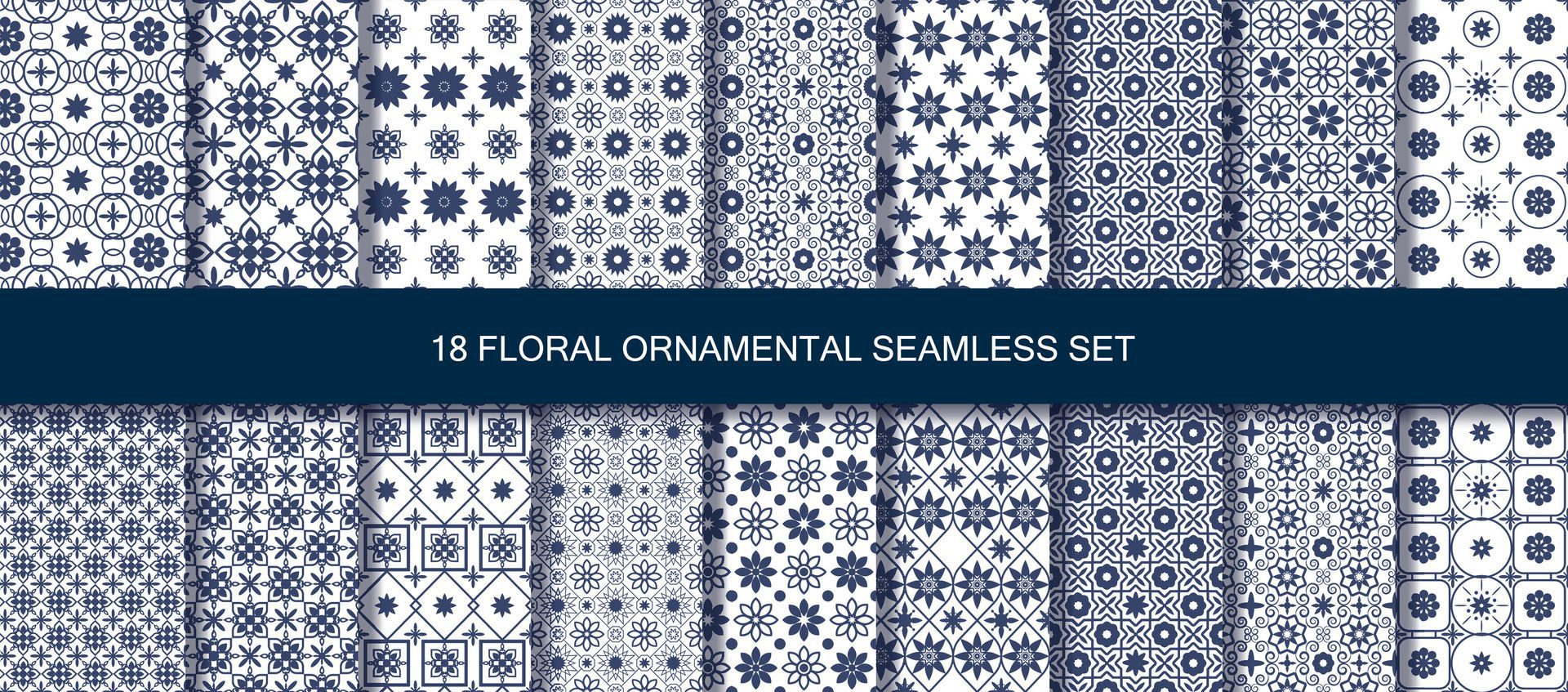 Oriental patterns seamless vintage 18 set in blue. Free Vector