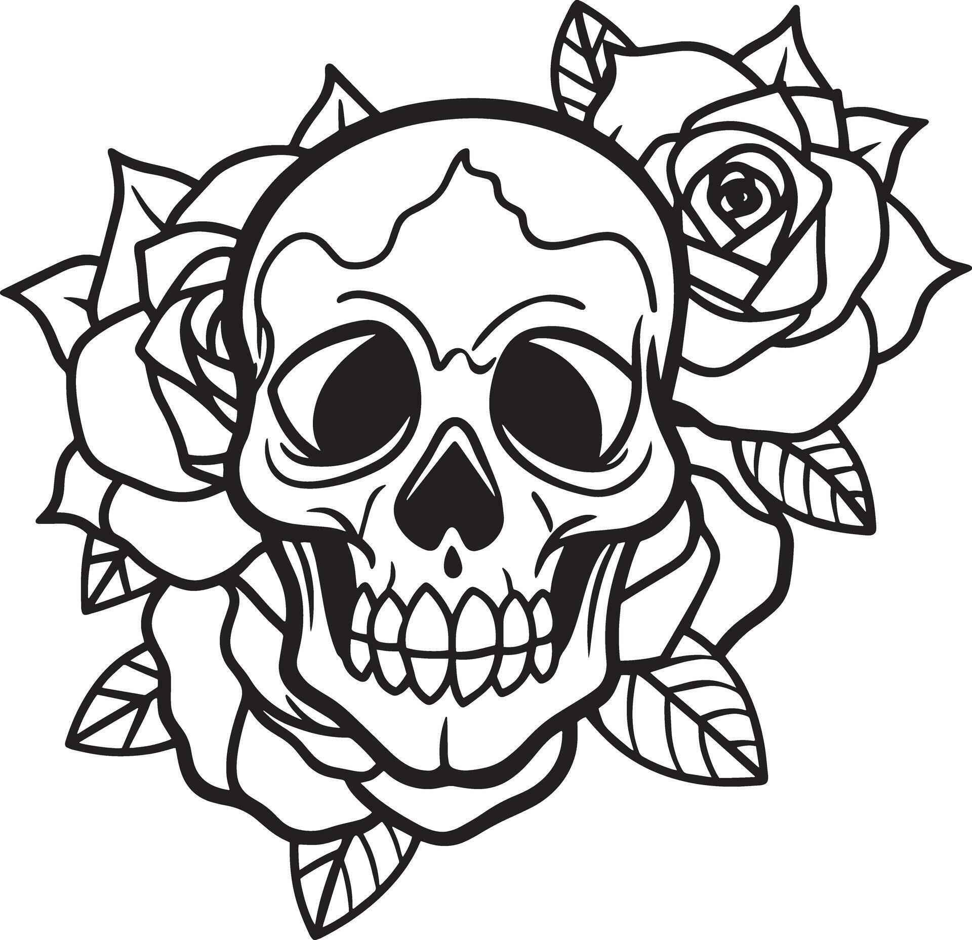 skull with rose flowers line art black and white illustration Stock Free