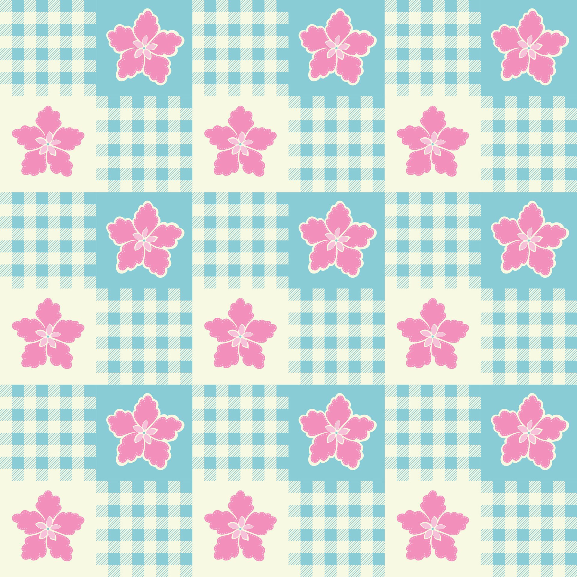 Pastel flower seamless pattern on gingham tartan plaid texture background Free Vector