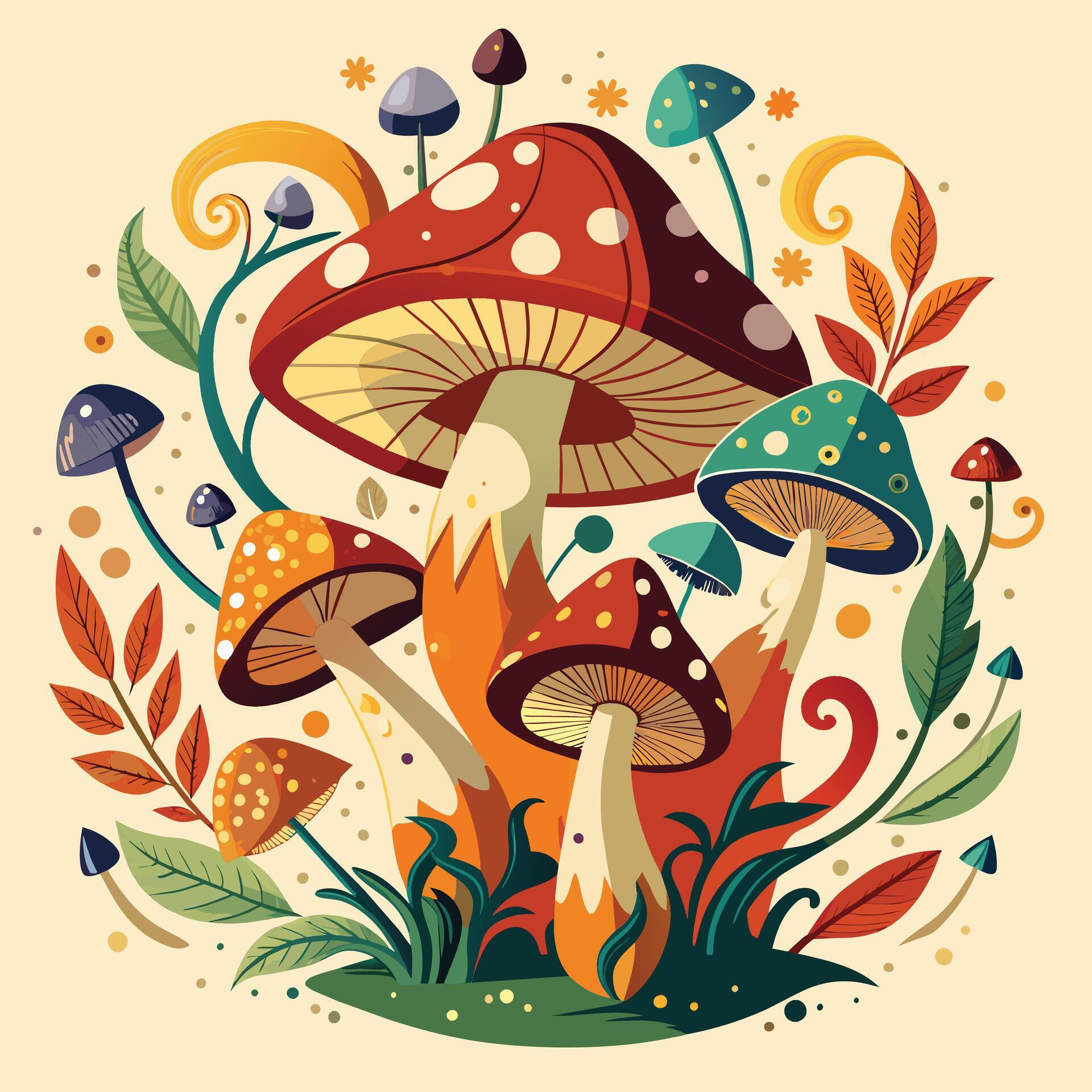 Mushrooms with leaves and berries.. Cartoon style. Vector illustration Stock Free