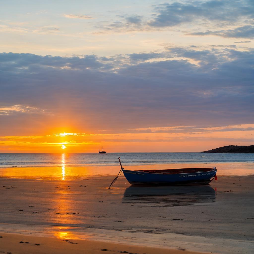 Sunrise with small boat by @ai_generated