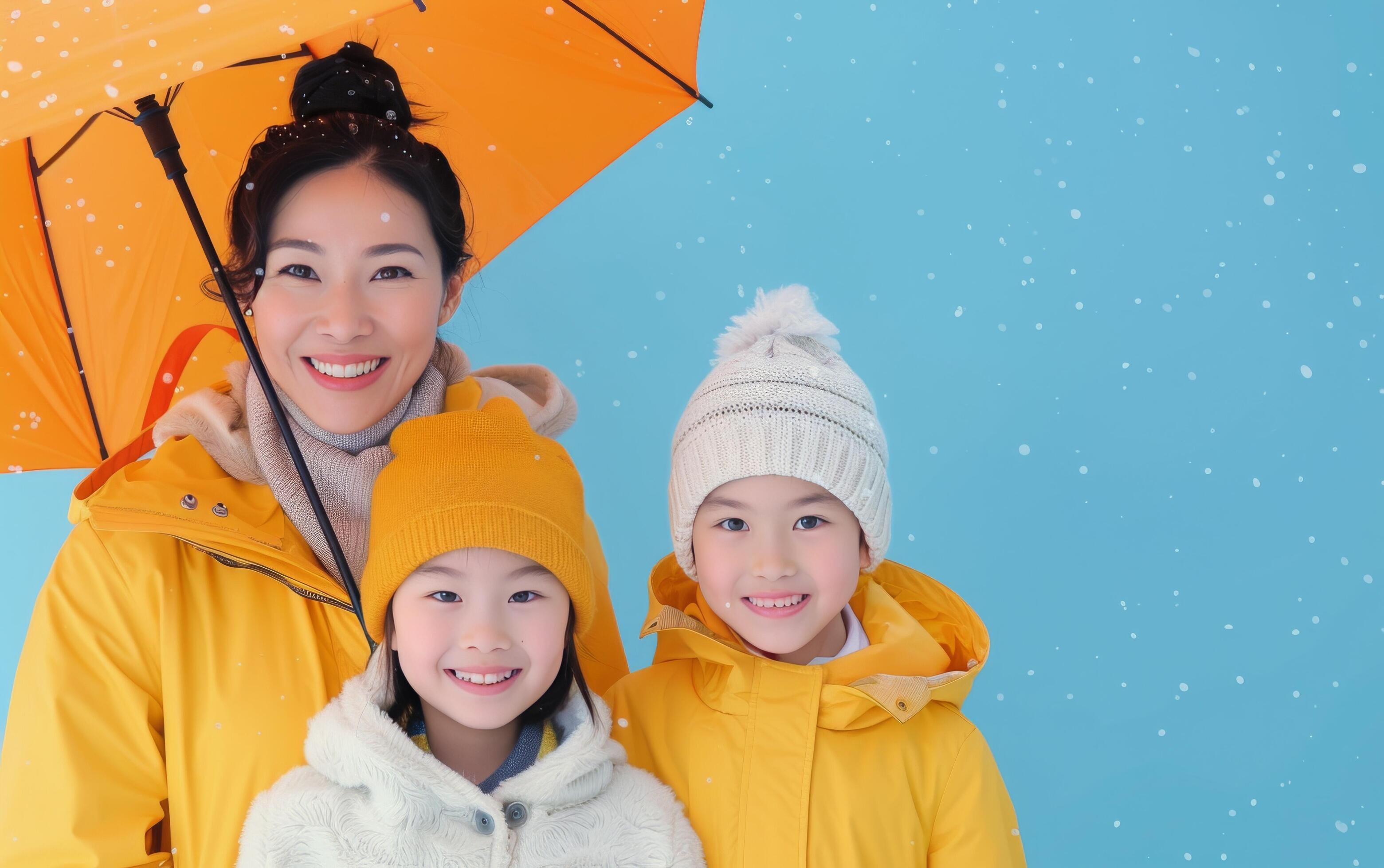 Family Under Umbrella in Snow Stock Free