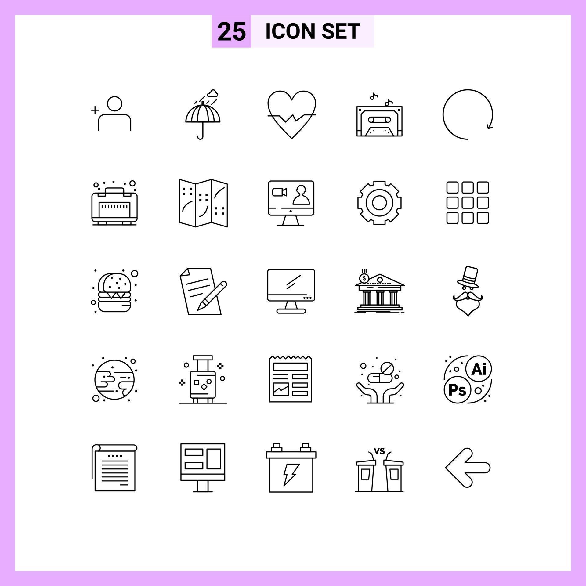 25 User Interface Line Pack of modern Signs and Symbols of rotate arrow heart tape music Editable Vector Design Elements Stock Free